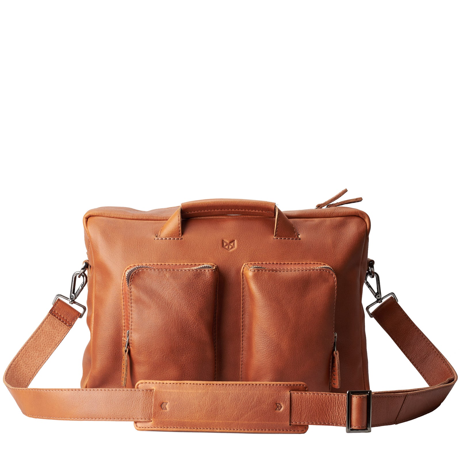 Front view. Tan handmade leather messenger bag for Men by Capra Leather. Tech bag, mens weekender bag 