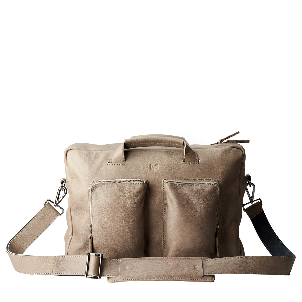 Front view. Grey handmade leather messenger bag for Men by Capra Leather. Commuter bag, mens weekender bag.