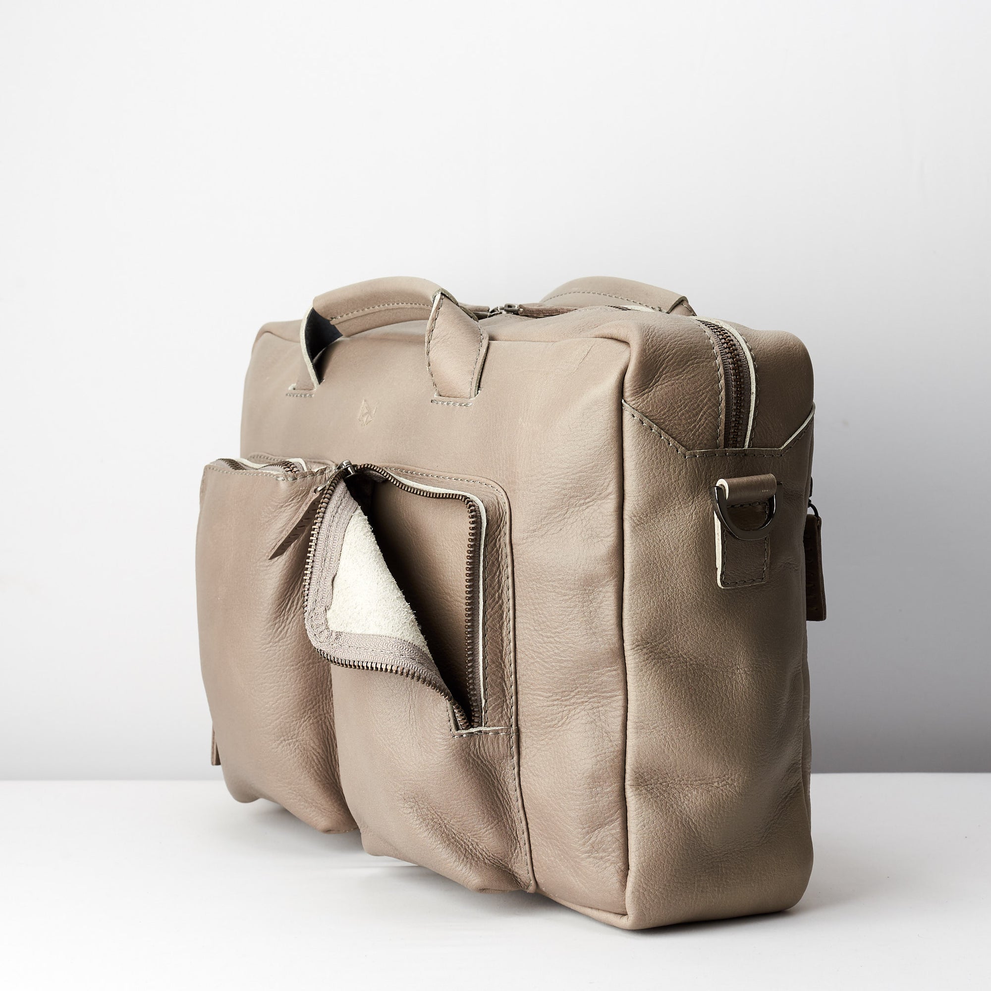Leather interior pocket. Grey handmade leather messenger bag for Men by Capra Leather. Commuter bag, mens weekender bag 