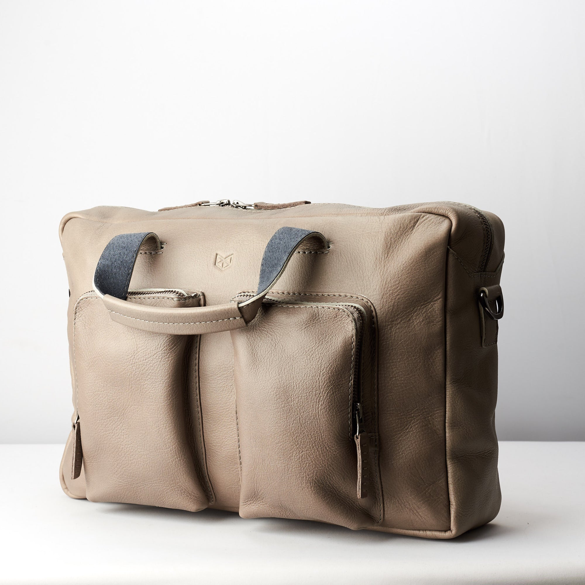 Retractable handle. Grey handmade leather messenger bag for Men by Capra Leather. Commuter bag, mens weekender bag 
