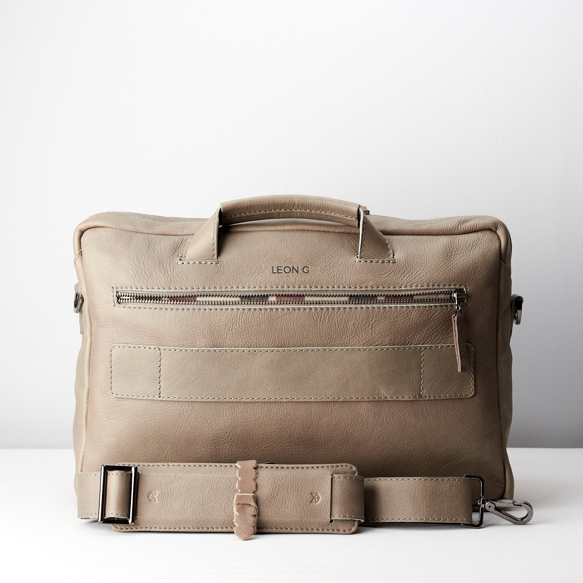 Custom engraving. Back pocket and strap. Grey handmade leather messenger bag for Men by Capra Leather. Commuter bag, mens weekender bag 