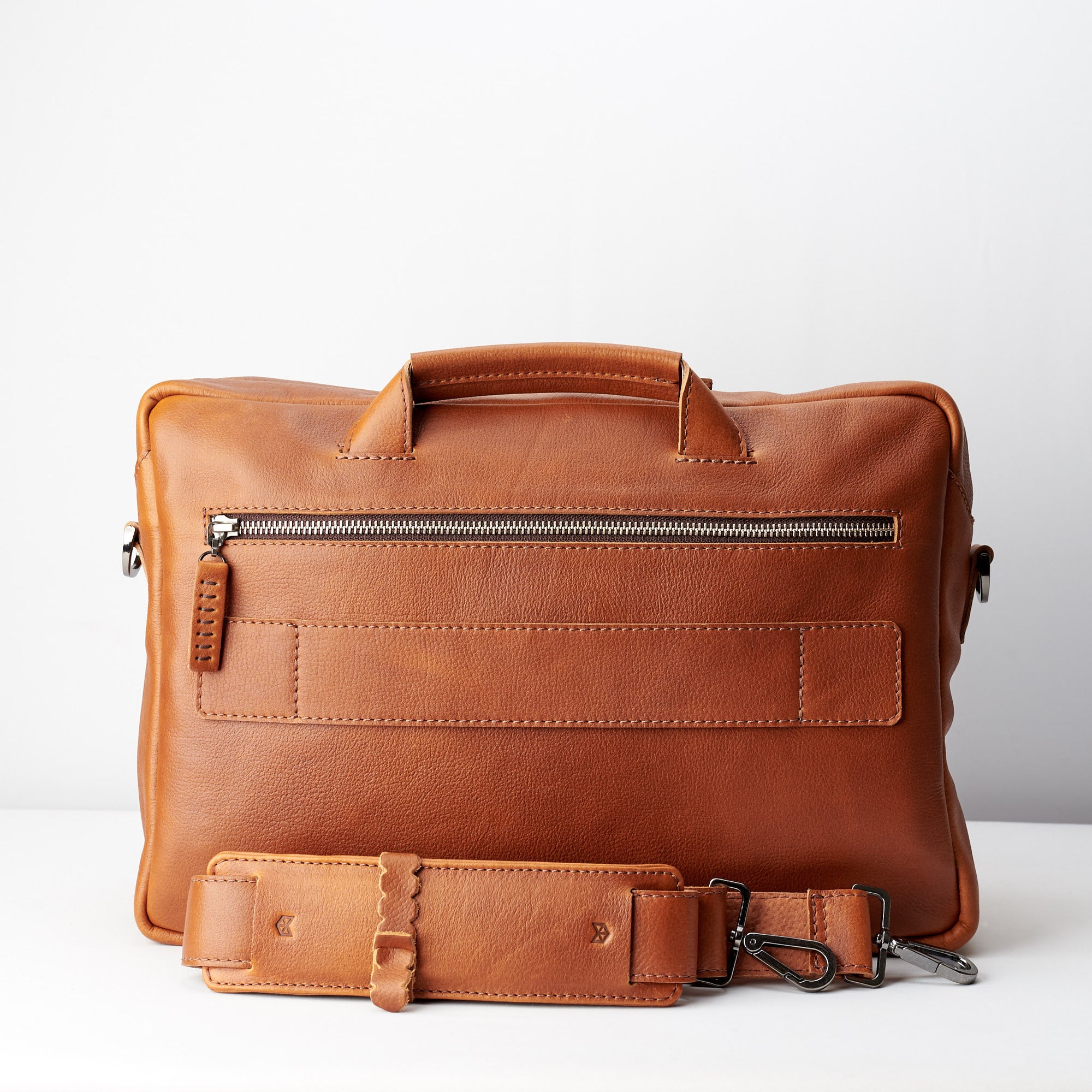 Luggage strap. Tan handmade leather messenger bag for Men by Capra Leather. Tech bag, mens weekender bag 