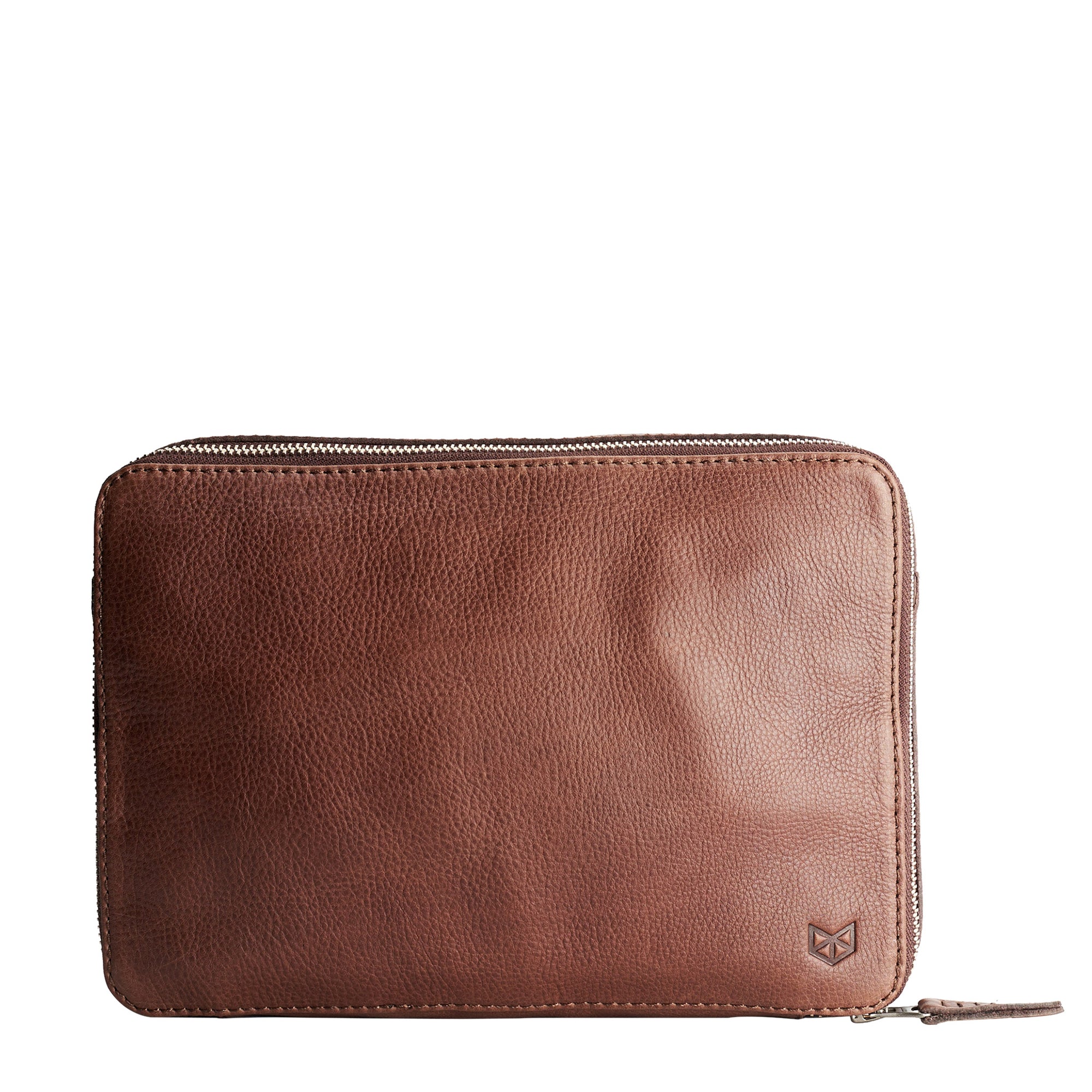 Brown leather gadget bag, tech dopp kit, electronic organizer. Fits iPad Pro with Apple pencil.
