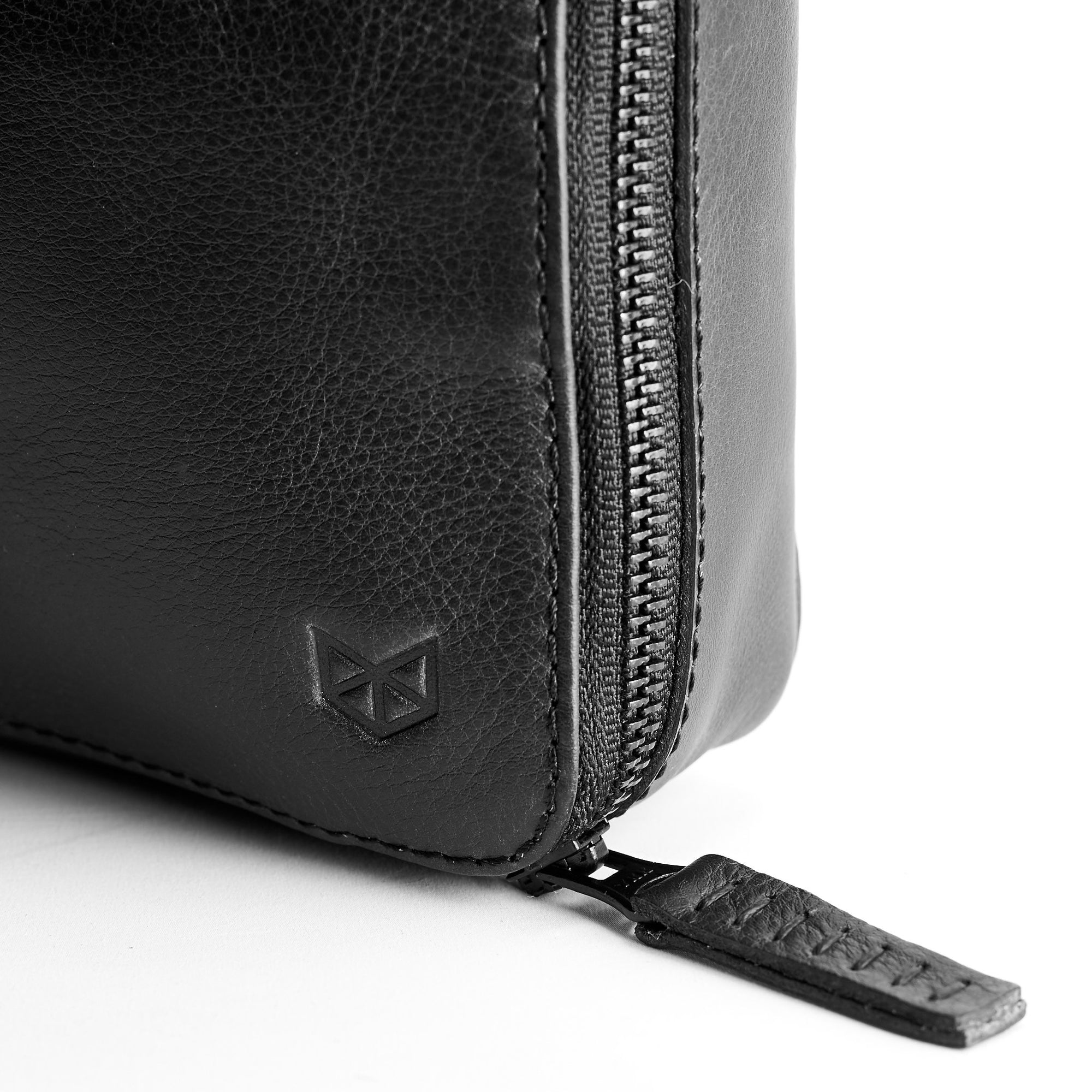Detail from metallic zipper. leather gadget bag, tech dopp kit, electronic organizer. Fits iPad Pro with Apple pencil.