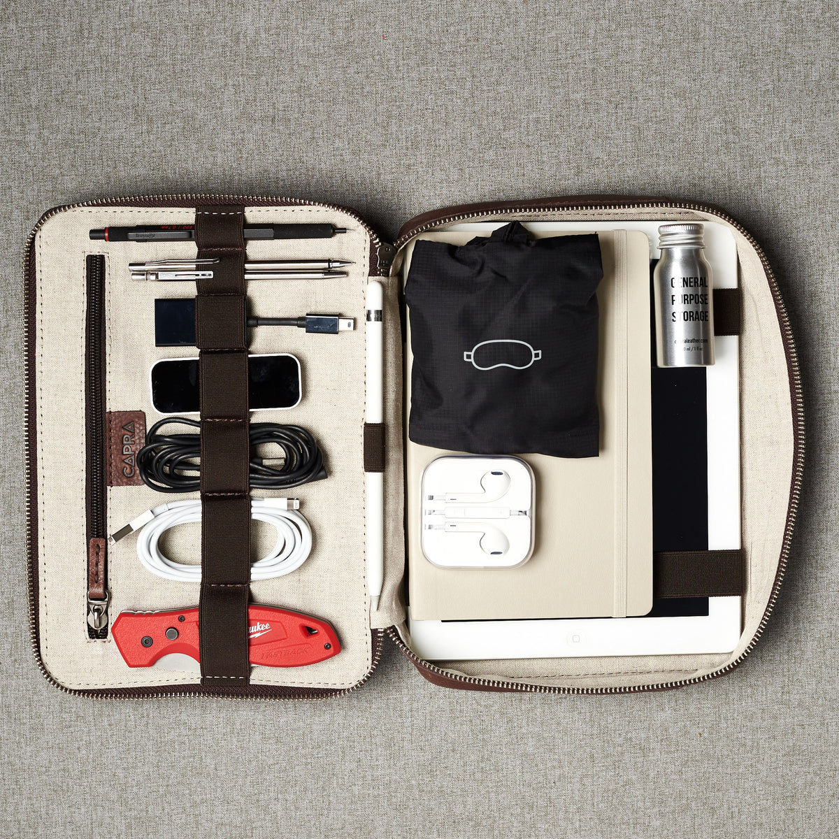 Storage. Brown leather gadget bag, tech dopp kit, electronic organizer. Fits iPad Pro with Apple pencil.