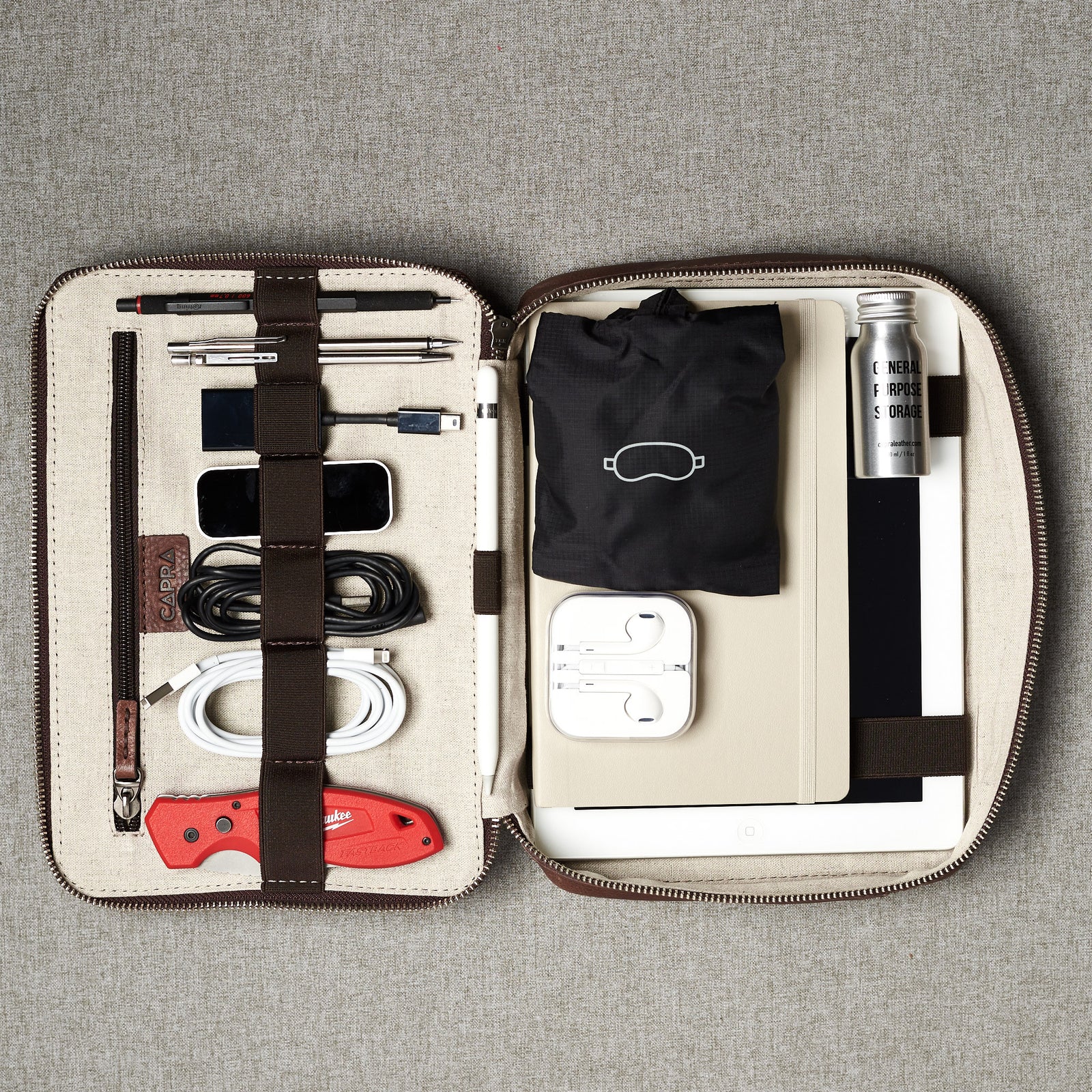 Storage. Brown leather gadget bag, tech dopp kit, electronic organizer. Fits iPad Pro with Apple pencil.