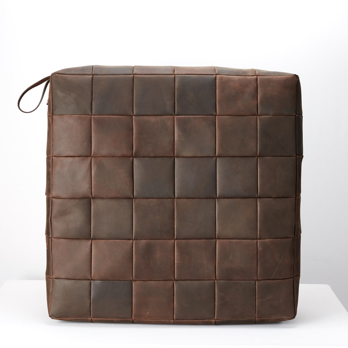 Brown Leather floor cushion pillow stand up. Ottoman pouf seat.