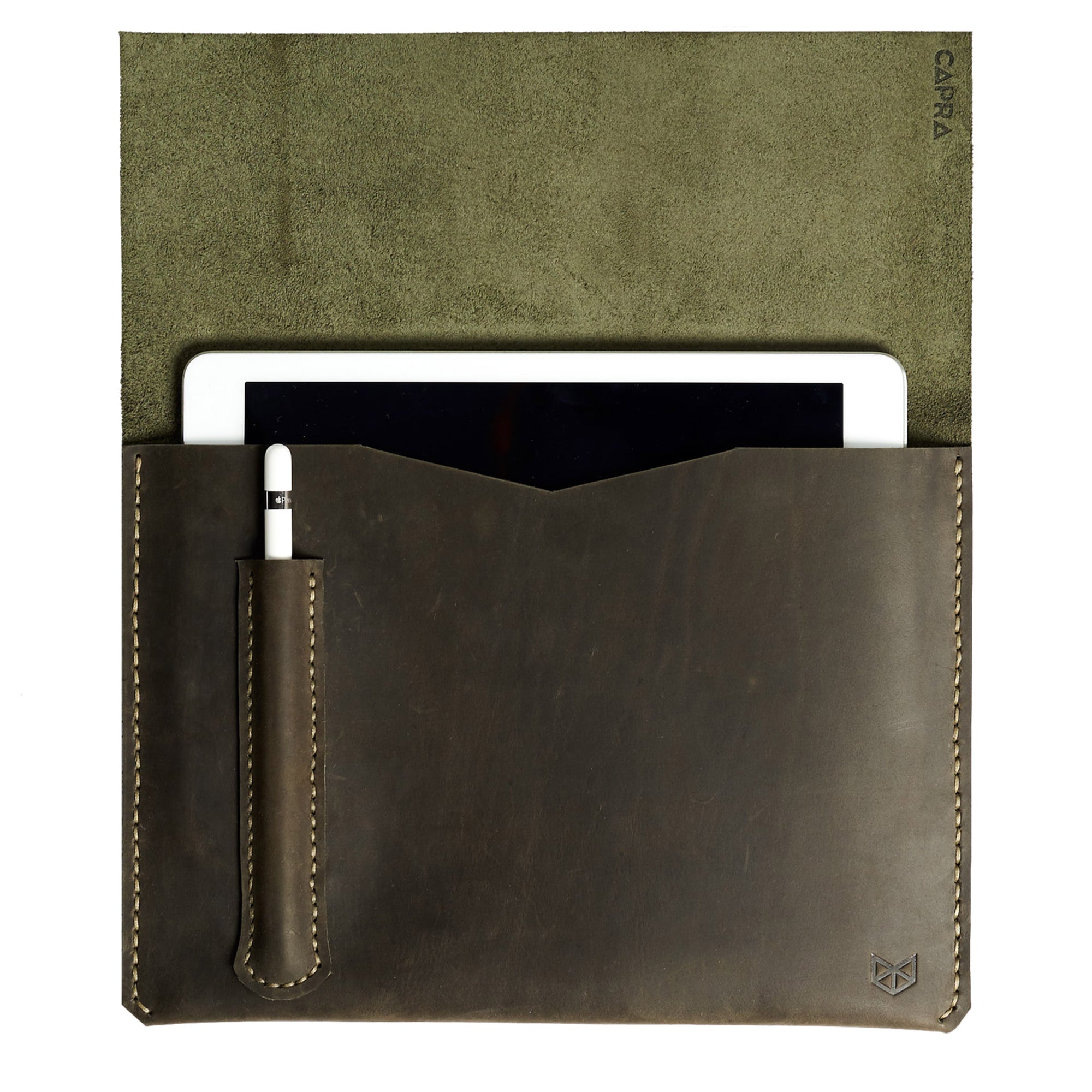iPad Sleeve. iPad Leather Case Green With Apple Pencil Holder by Capra Leather
