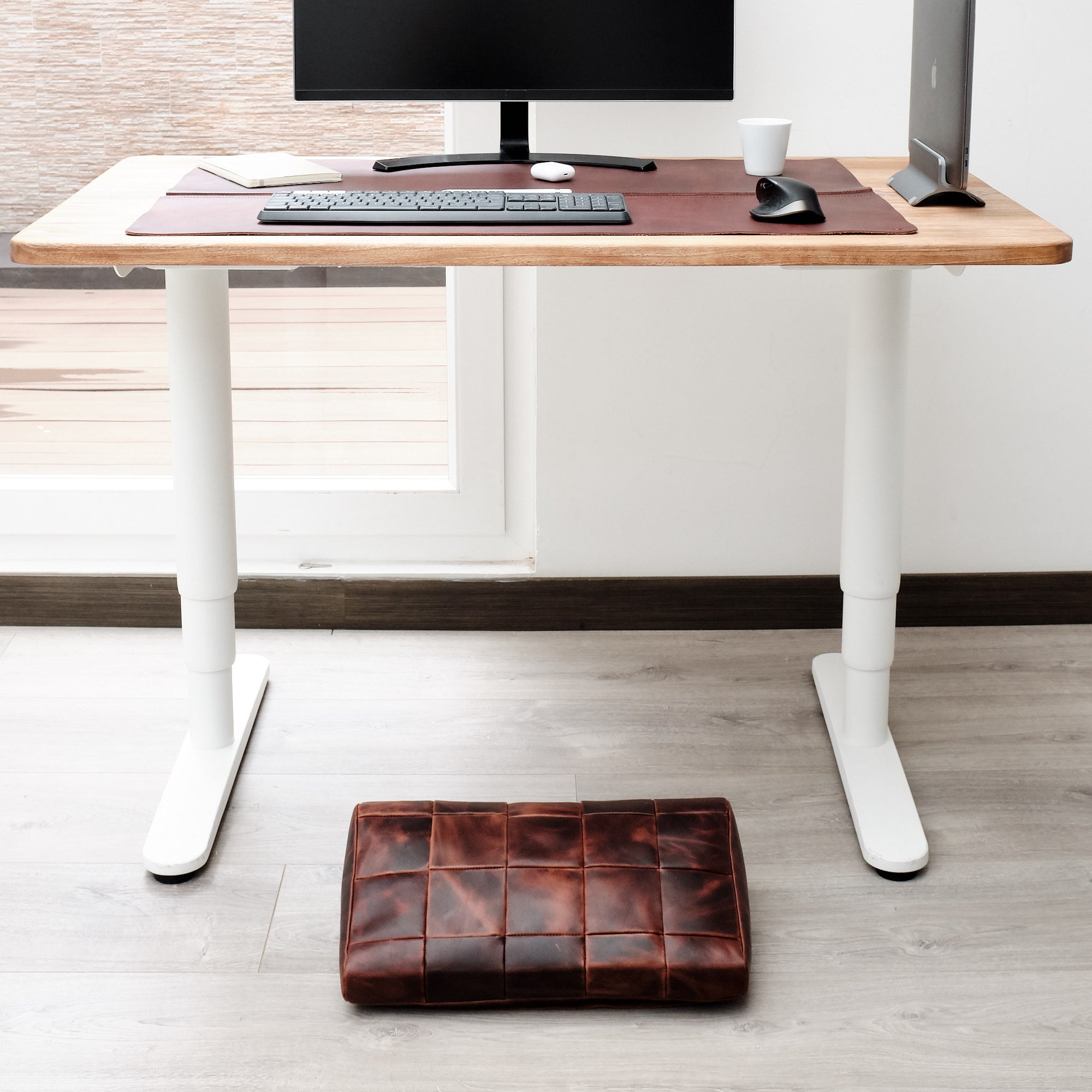Home Office. Ergonomic under desk footrest cover in distressed cognac by Capra Leather