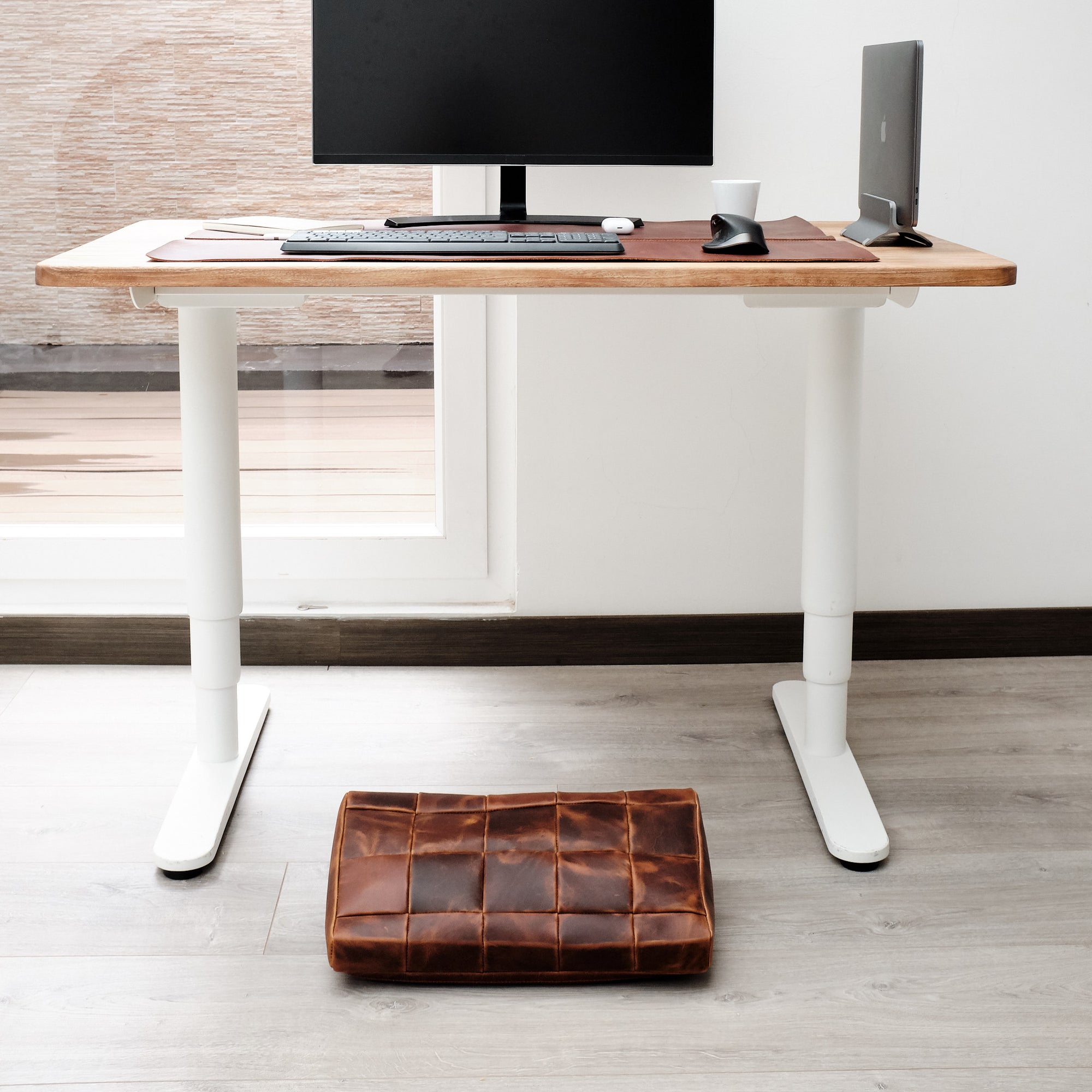 Home Office. Ergonomic under desk footrest cover in distressed tan by Capra Leather