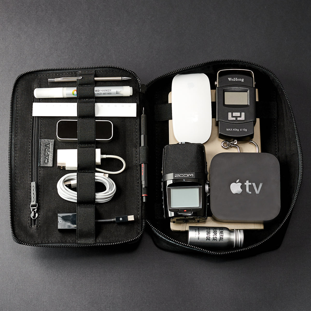 Best tech organizer bag for travel in Black. Tech bags by Capra Leather