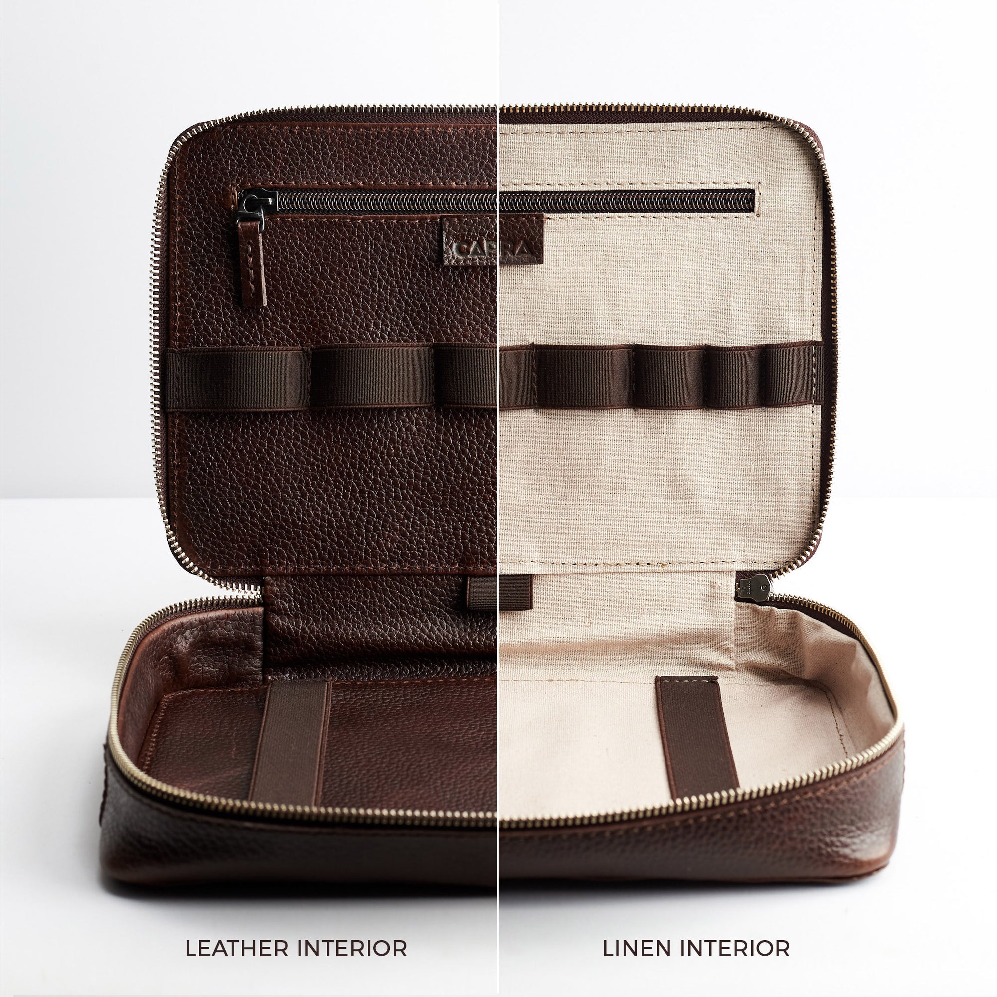 Dark brown tech organizer for men by Capra Leather. Fits iPad Pro 11