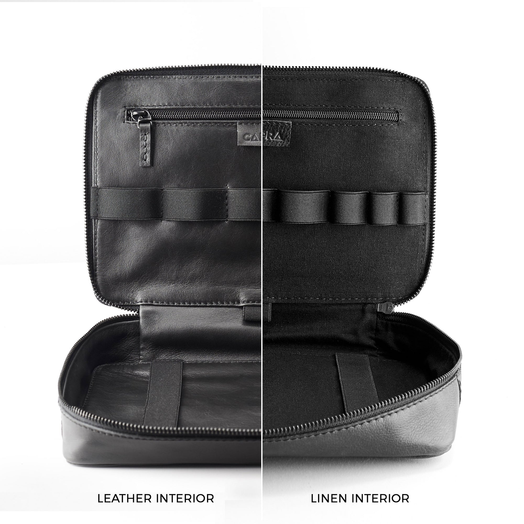 Leather or Linen interior. Black electronics organizer by Capra Leather