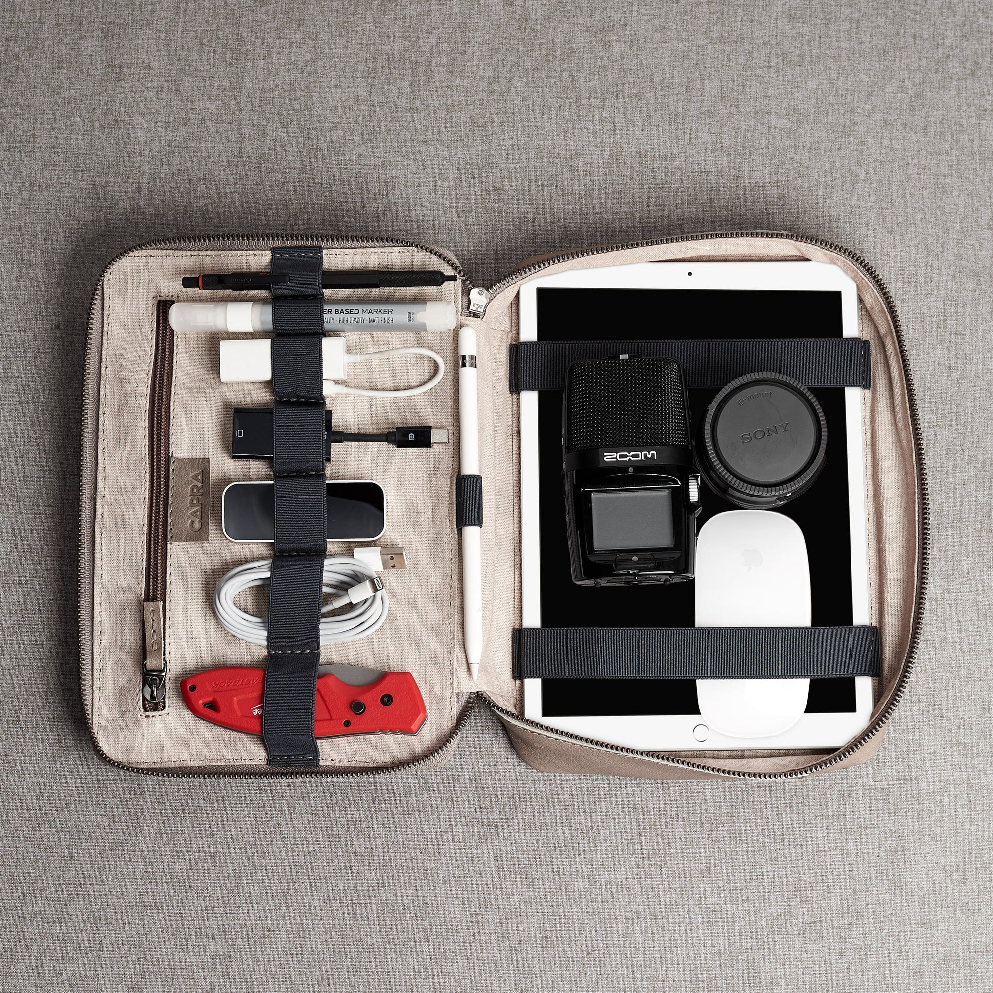 Everyday carry. Best tech organizer bag for travel by Capra Leather