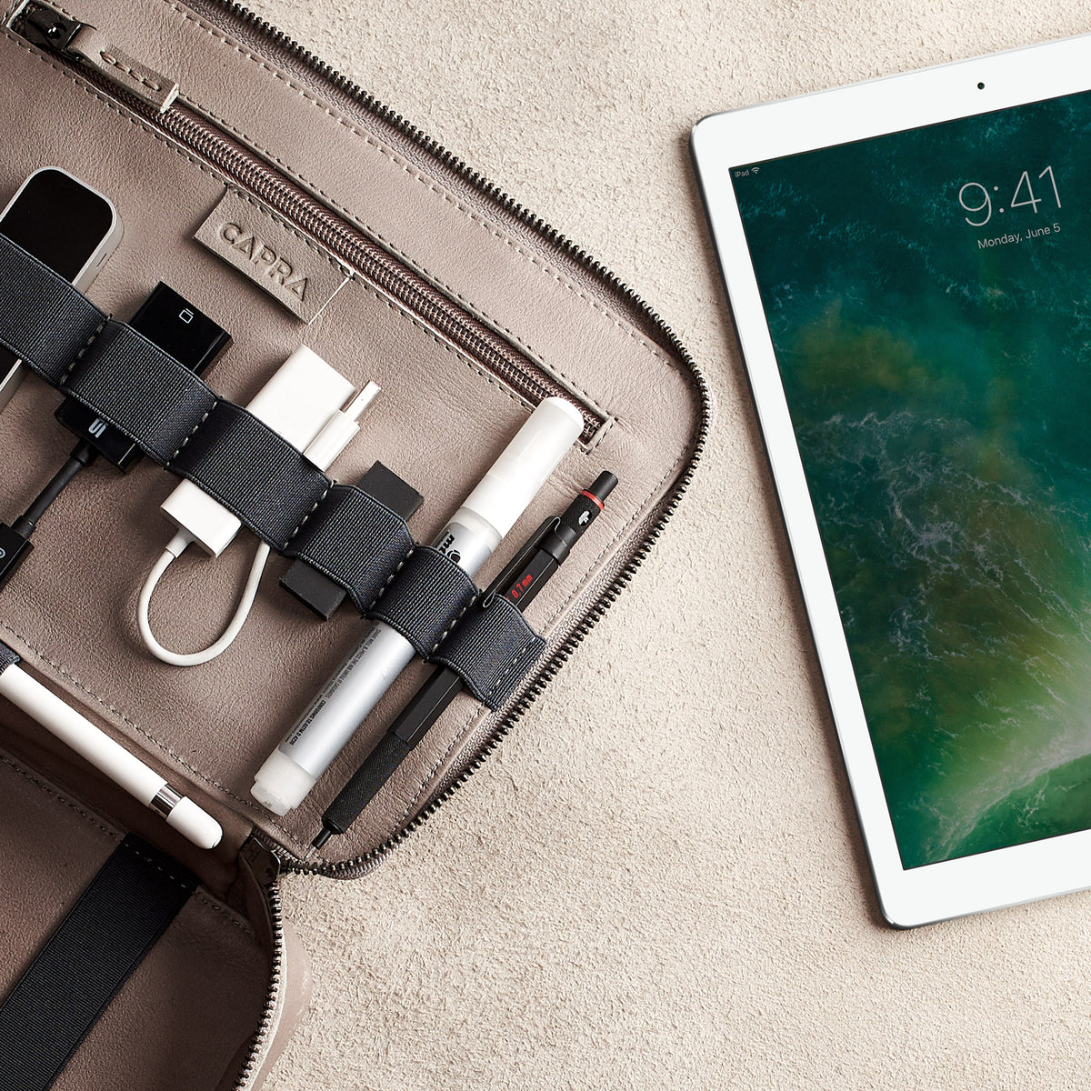 iPad Pro bag. Grey travel electronics organizer by Capra Leather