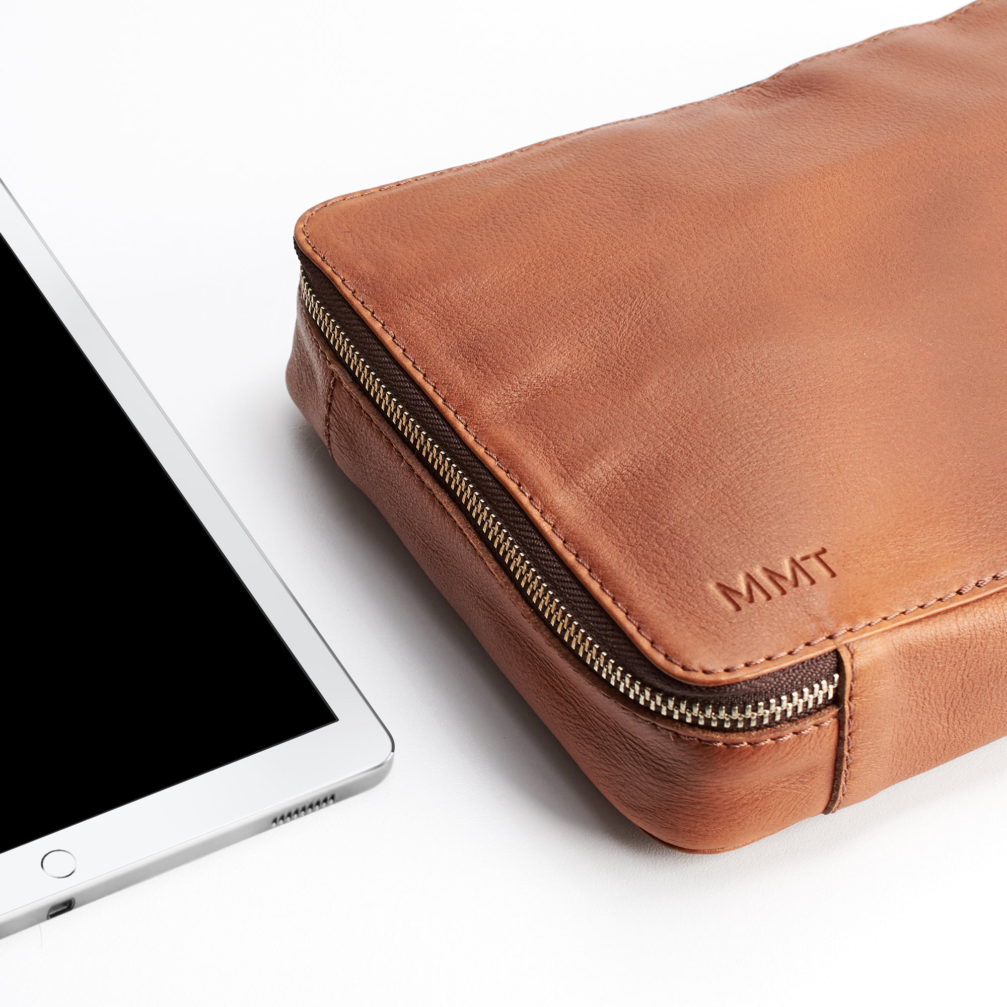 Custom monogram engraving. Best tech organizer bag for travel by Capra Leather. Fits iPad Air with Apple pencil.