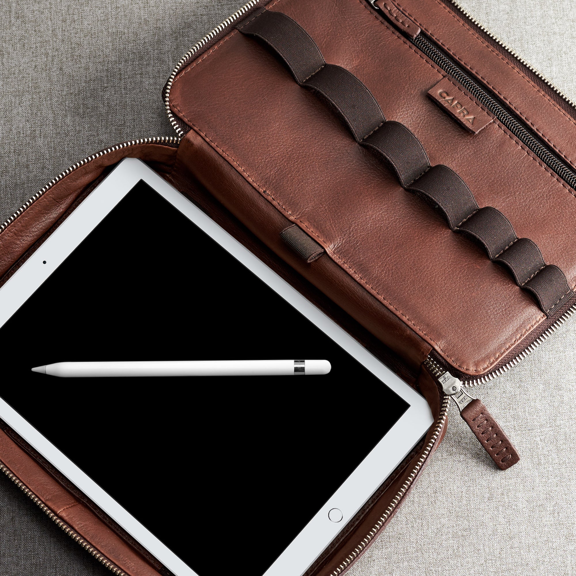 iPad Pro 11 pocket. Brown tech organizer for travel. Mens EDC bag by Capra Leather. Fits Apple iPad Pro with pencil.
