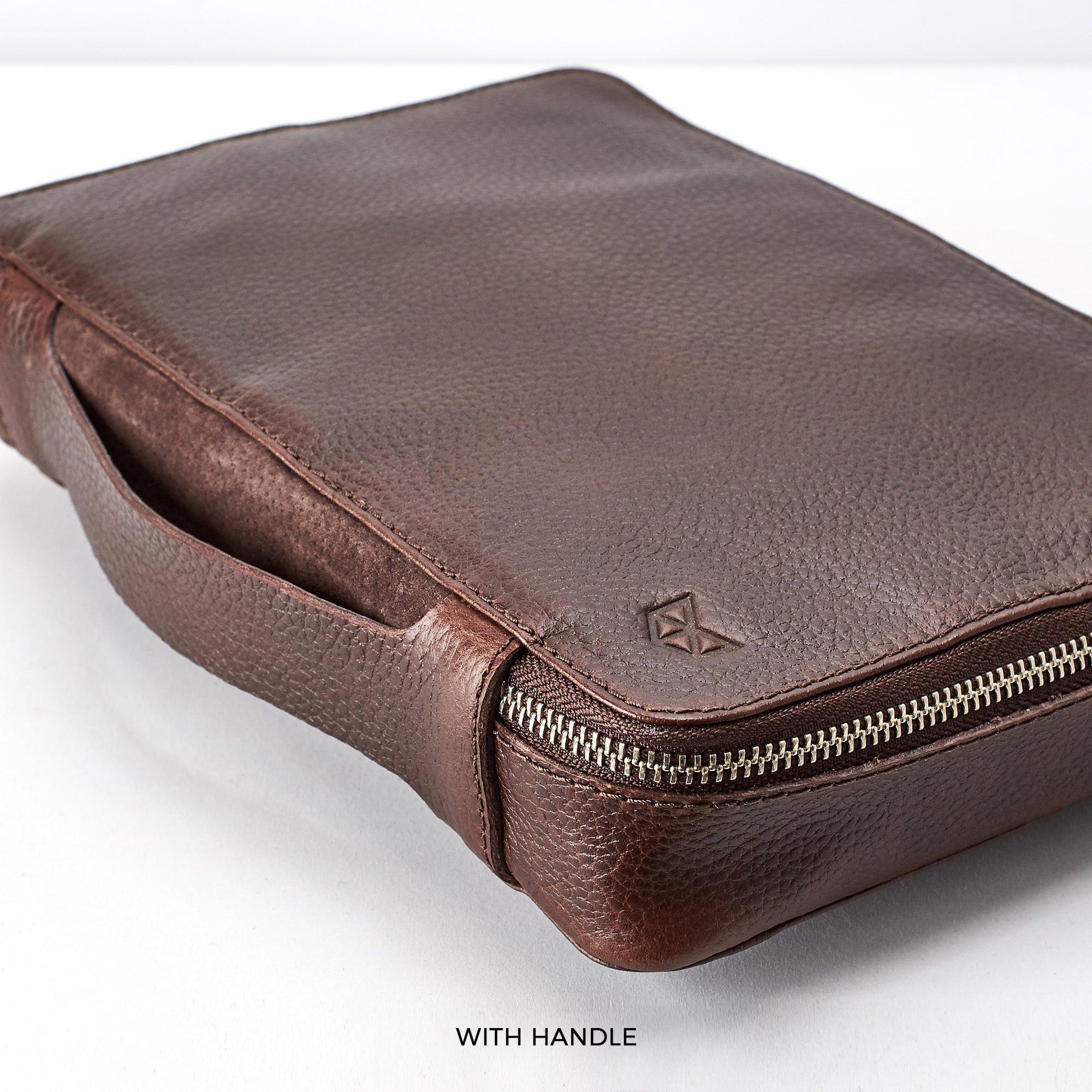 Handle detail.  Dark Brown best travel tech organizer by Capra Leather. Travel accessories for men