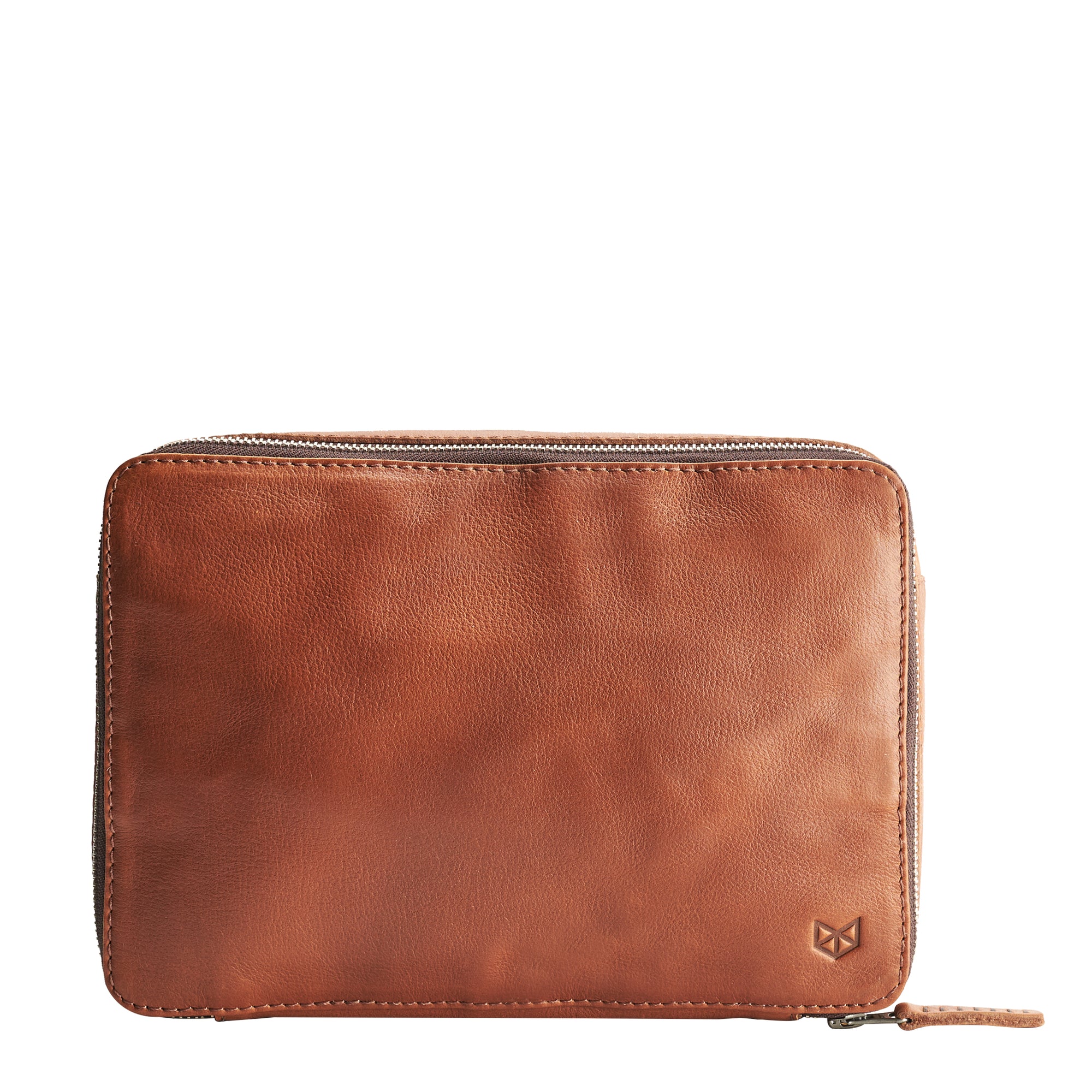Tan  leather gadget bag, tech dopp kit, electronic organizer. Fits iPad Pro with Apple pencil.