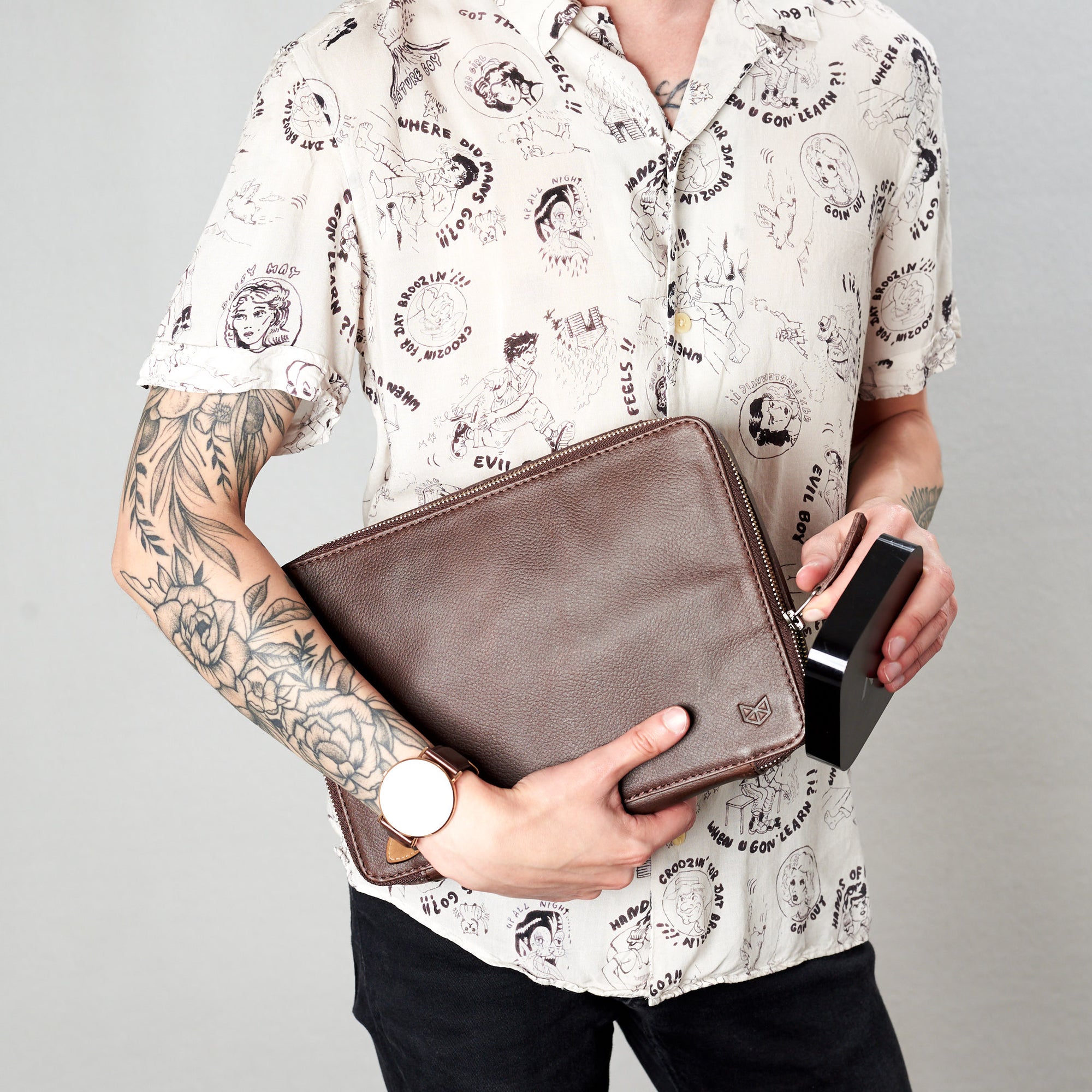 Stylish dark brown tech organizer pouch by Capra Leather. Fits iPad Pro 11 inch