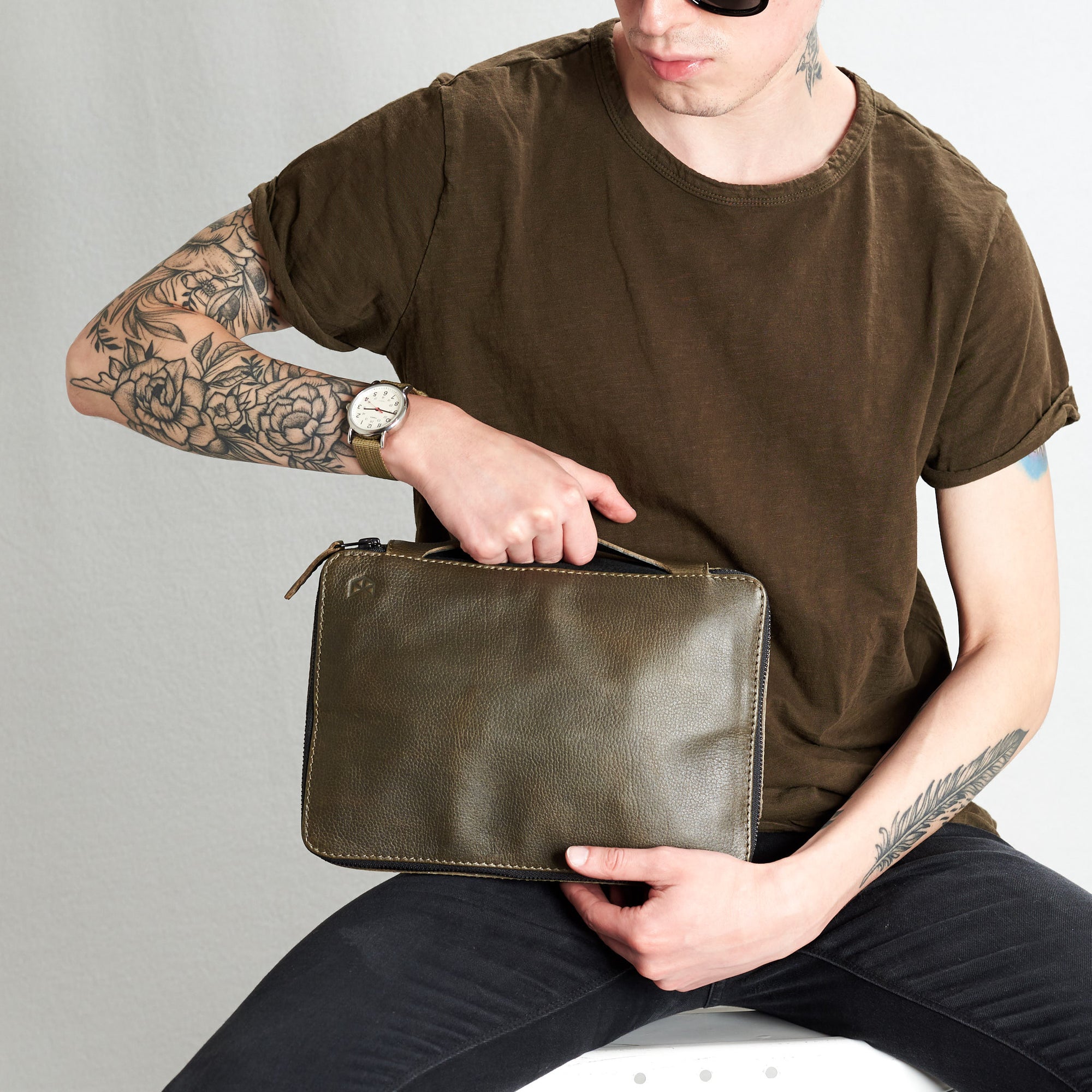 Military green mens EDC bag. Leather tech pouch by Capra
