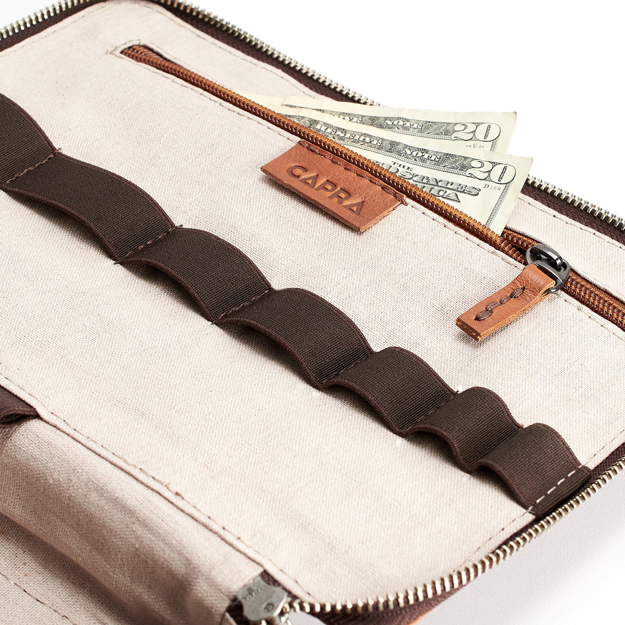 Interior zip pocket. Tech accessory organizer tan by Capra Leather.