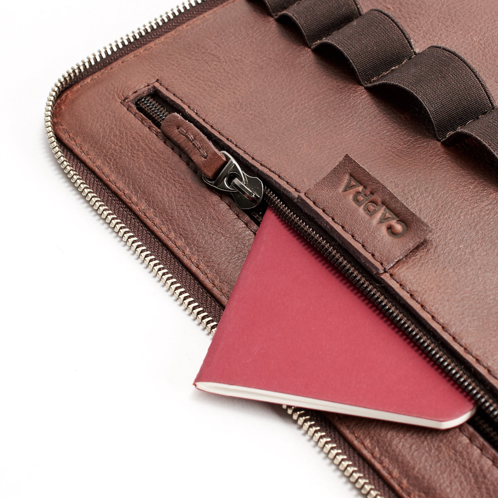 Interior zipped pocket. Best tech pouch brown. Gadget organizer by Capra Leather