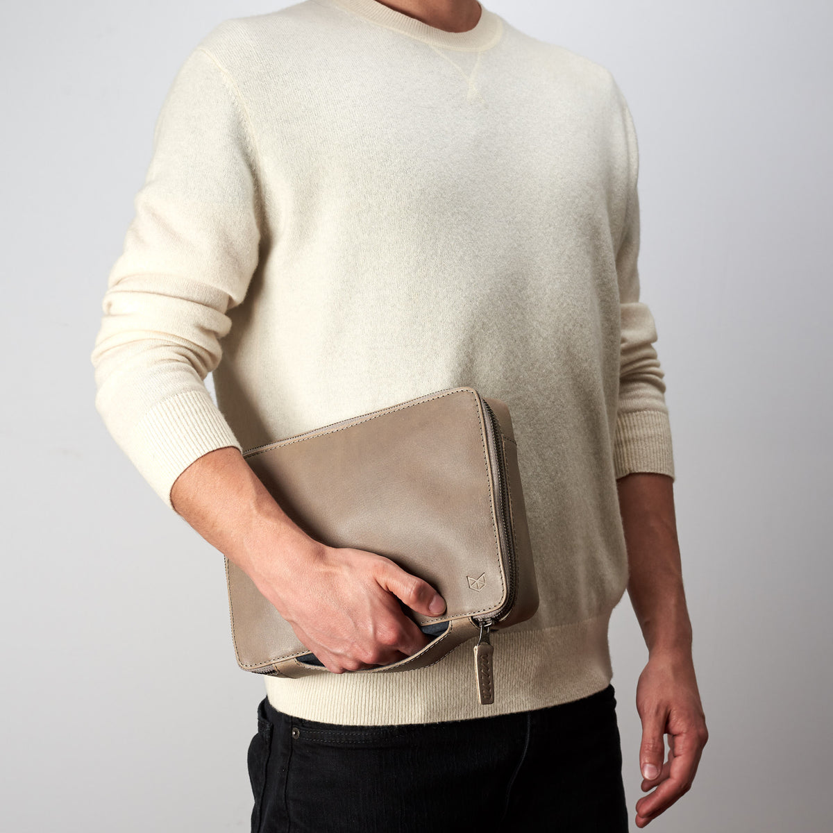 Grey leather gadget bag for men by Capra Leather. Fits iPad Pro with Apple pencil.