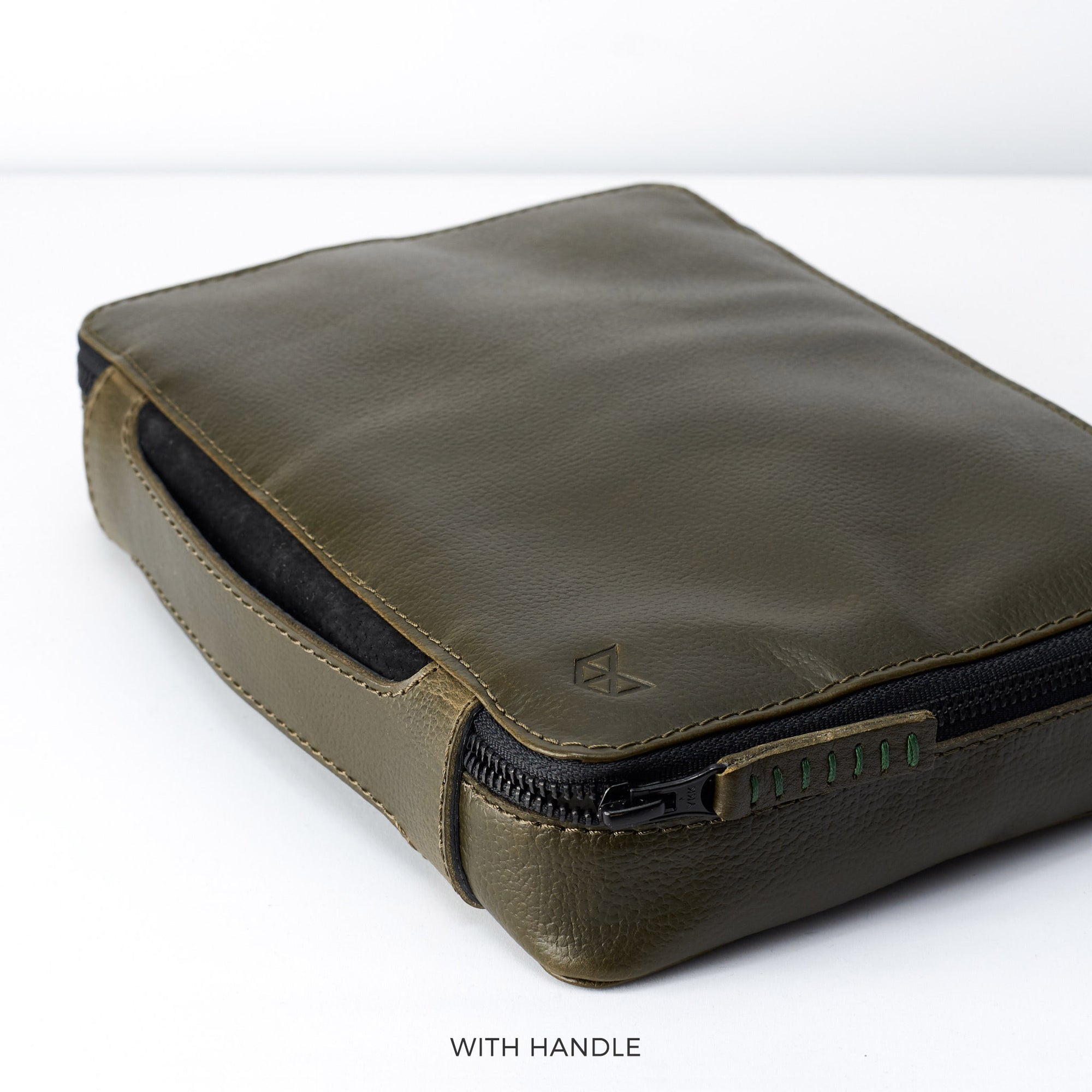 Leather handle.  Best travel tech organizer green by Capra Leather