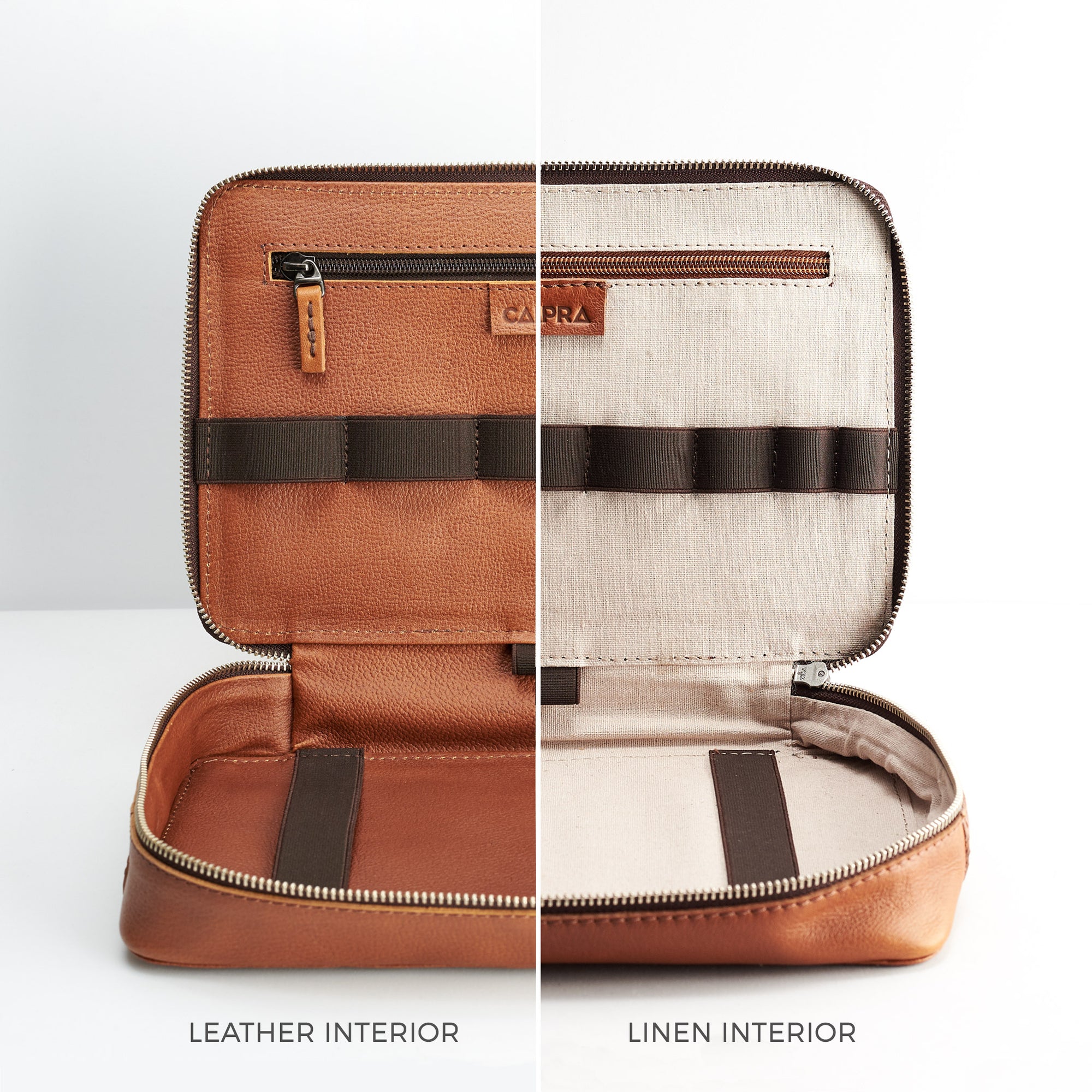 Leather or linen interior. Tan gadget bag for travel by Capra Leather