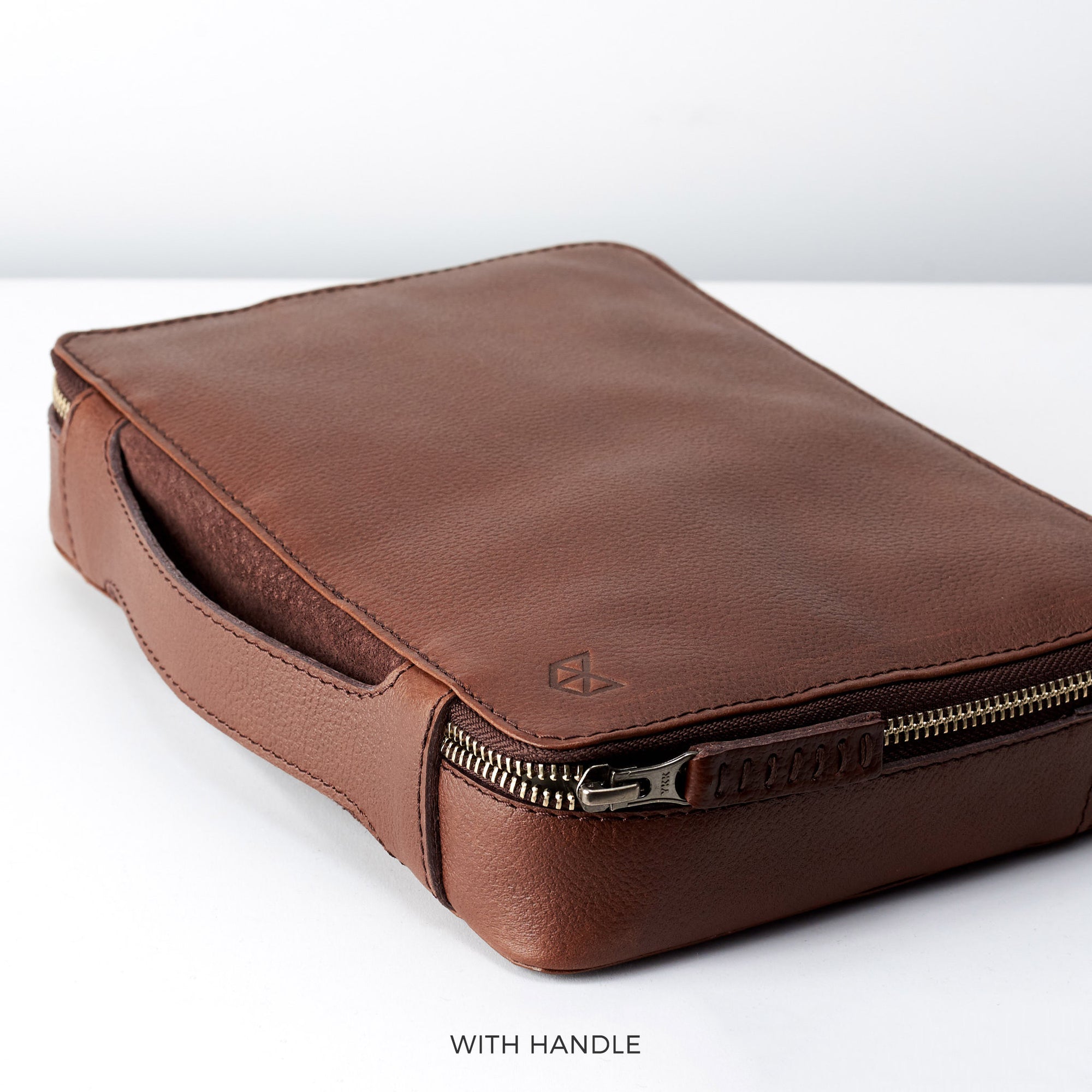Leather handle. Brown travel gadget organizer. Best tech bag for travel by Capra Leather. 