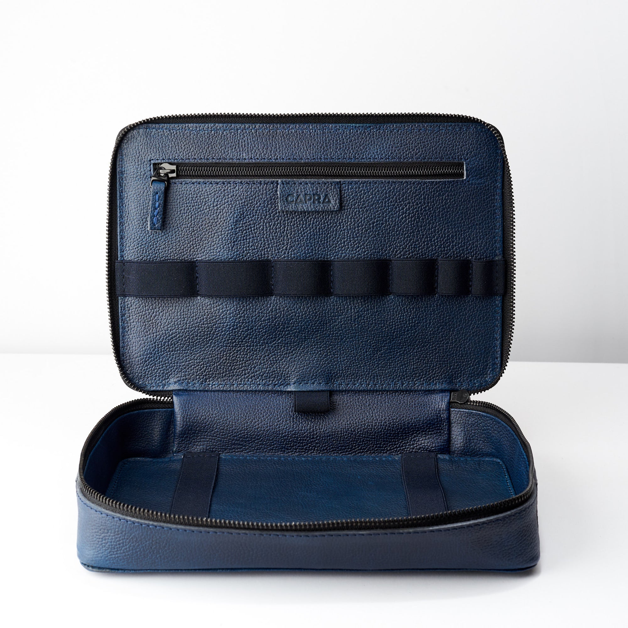 Leather interior. Navy blue tech organizer travel by Capra Leather