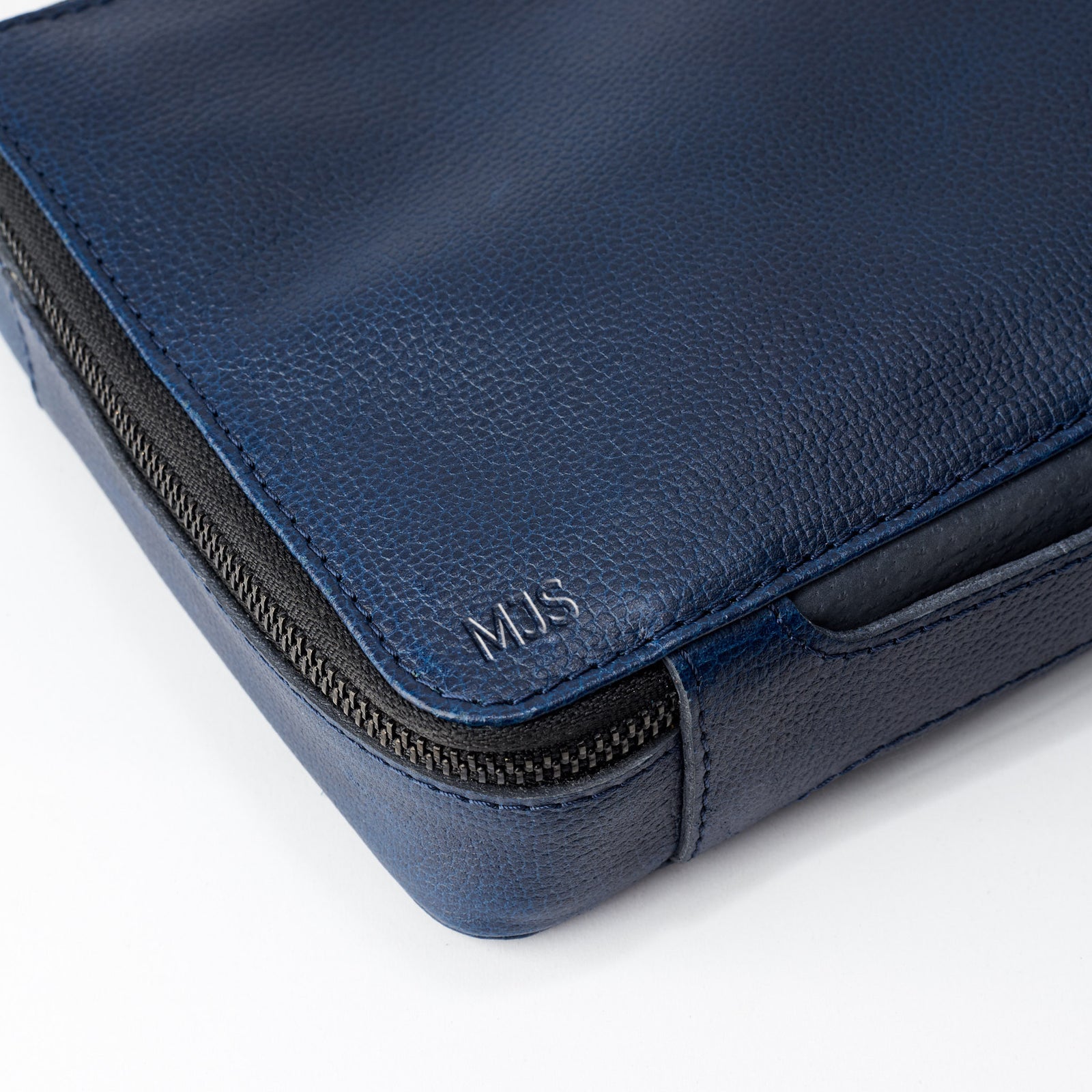 Custom engraving. Navy blue travel electronics organizer by Capra Leather