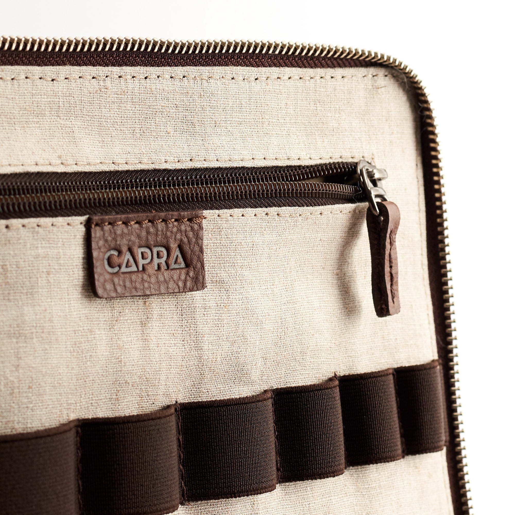Linen interior. Brown electronics organizer. Tech laptop tablet bag by Capra Leather