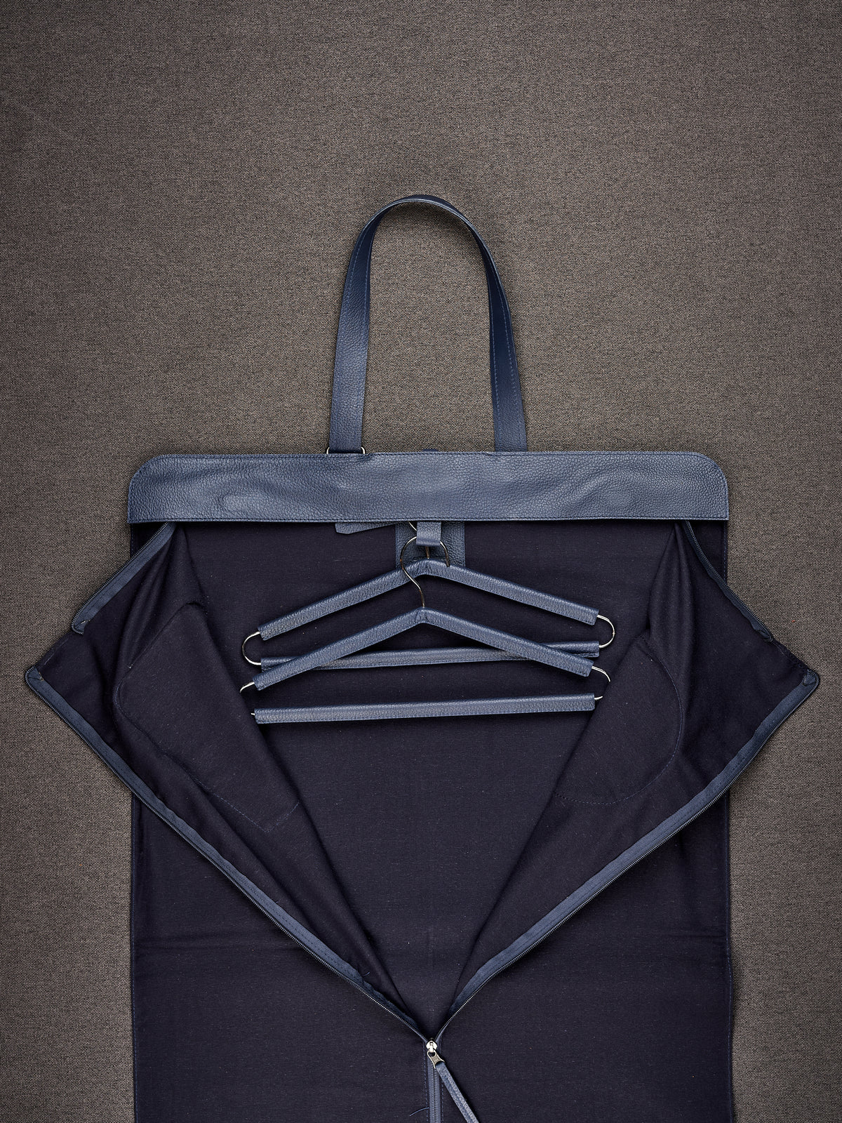 Wide Opening. Leather Garment Bag Navy by Capra Leather
