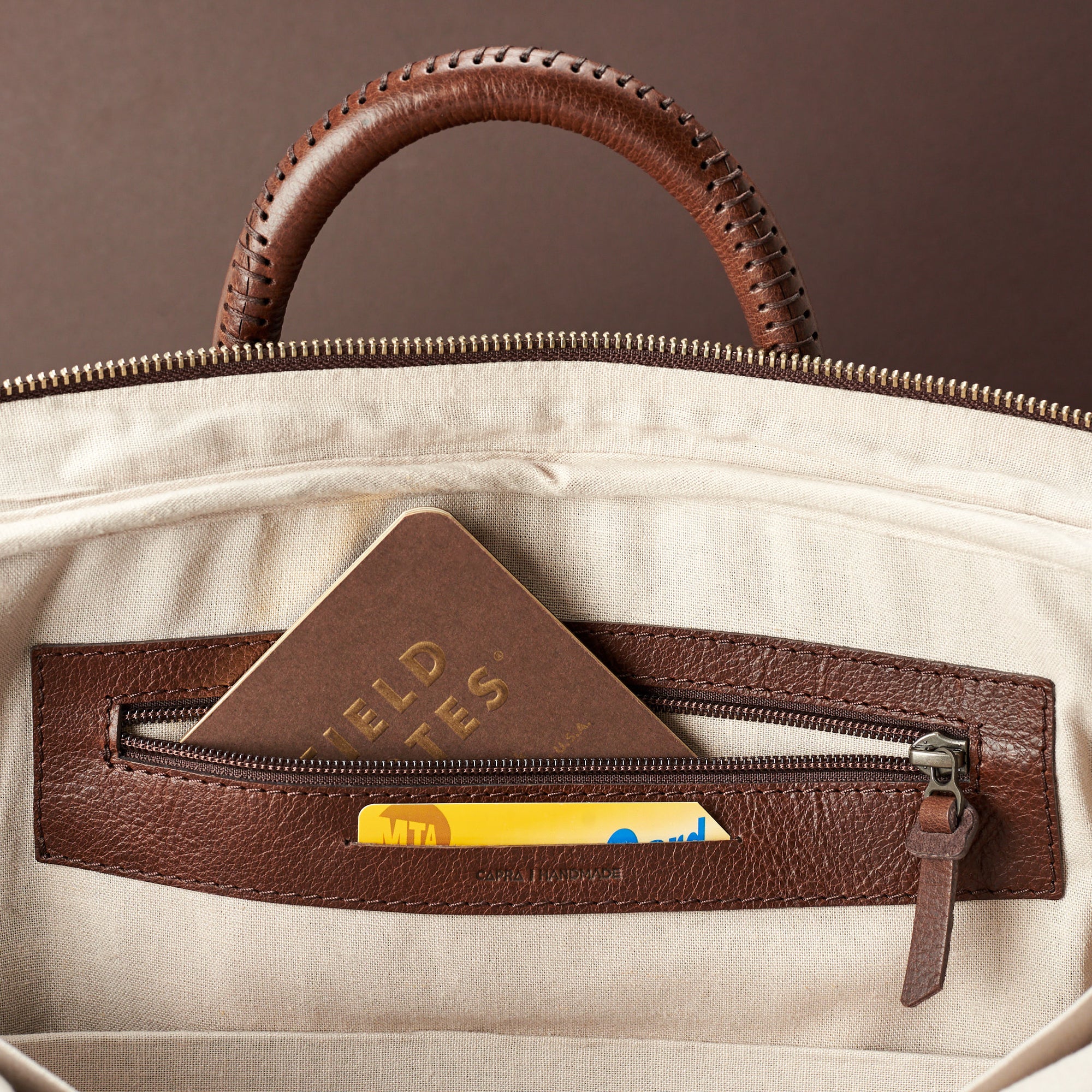 Interior detail for bussiness cards .Brown leather briefcase laptop bag for men. Gazeli laptop briefcase by Capra Leather.