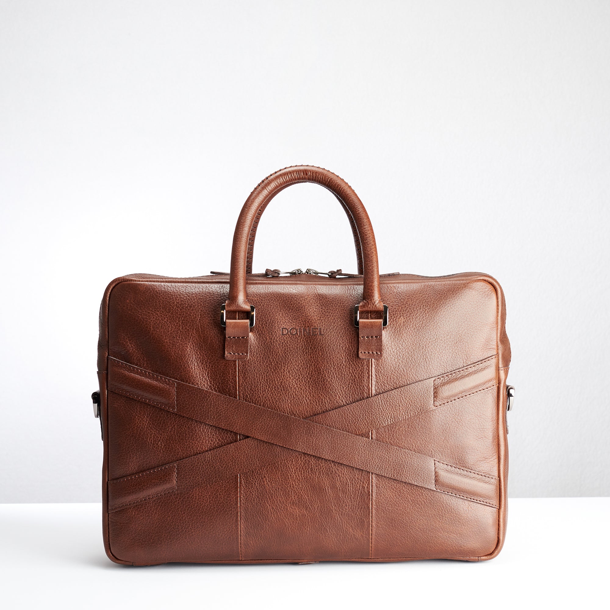 Back and luggage strap for slim portfolio .Brown leather briefcase laptop bag for men. Gazeli laptop briefcase by Capra Leather.