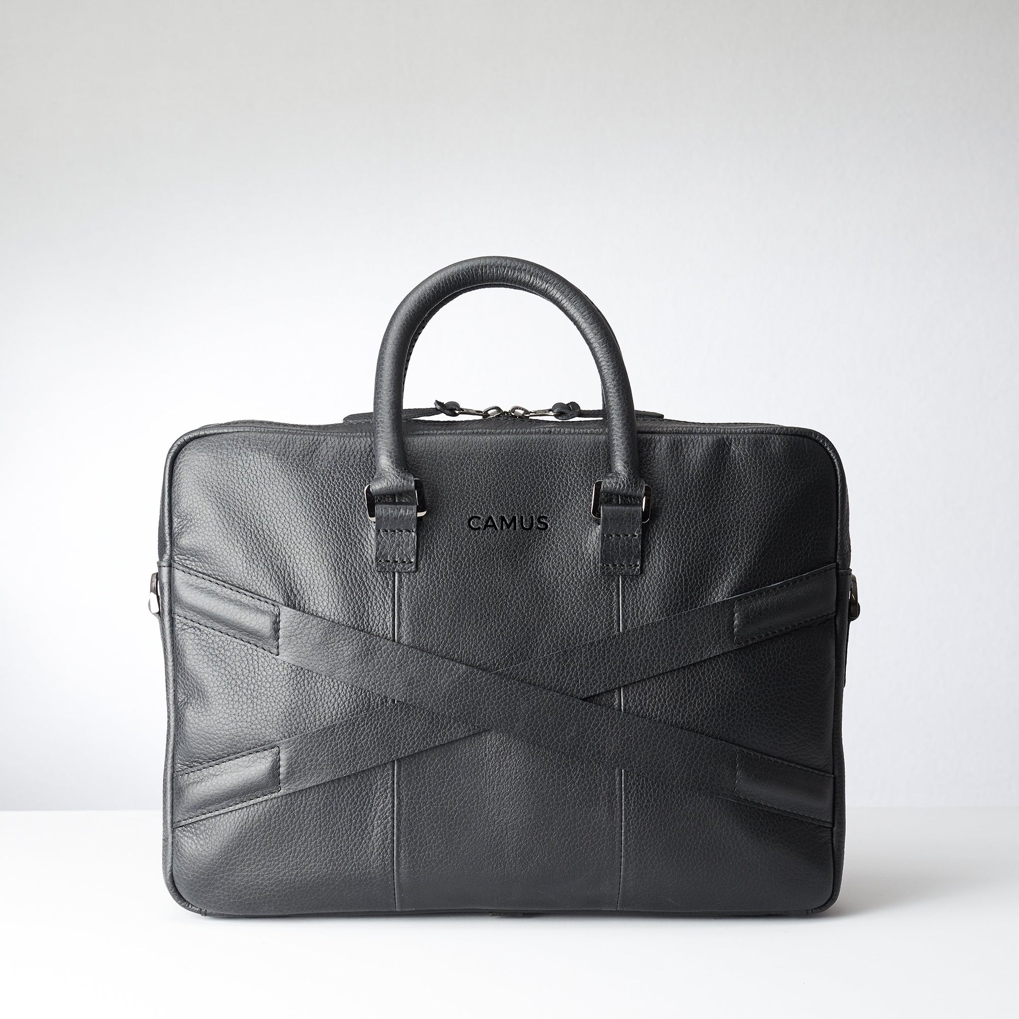 Back and luggage strap for slim portfolio .Black leather briefcase laptop bag for men. Gazeli laptop briefcase by Capra Leather.