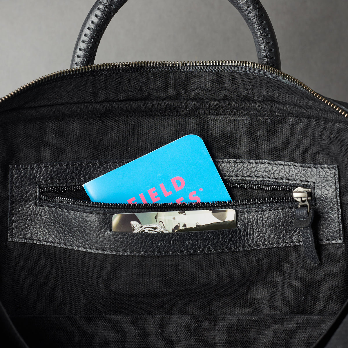 Interior detail for bussiness cards .Black leather briefcase laptop bag for men. Gazeli laptop briefcase by Capra Leather.