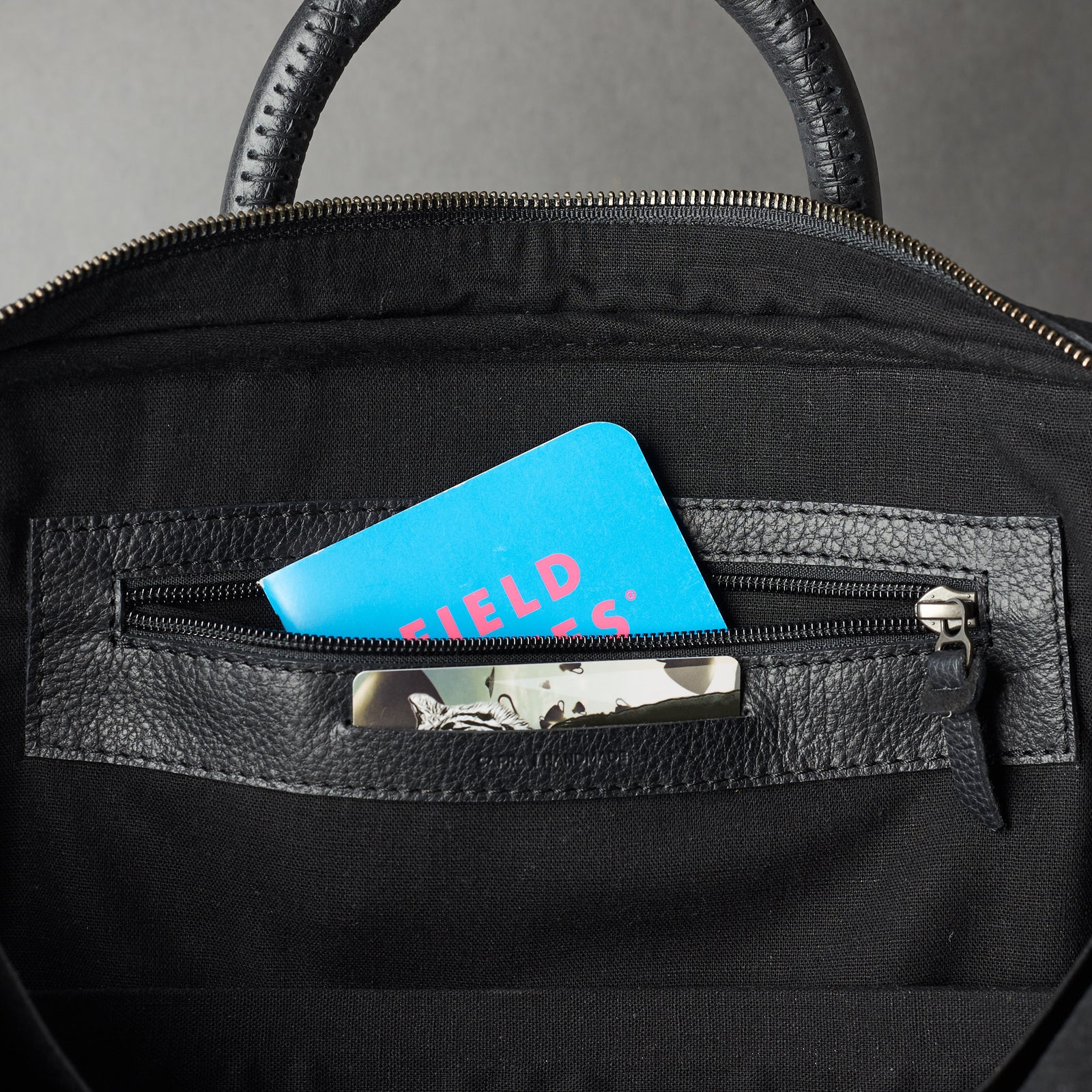 Interior detail for bussiness cards .Black leather briefcase laptop bag for men. Gazeli laptop briefcase by Capra Leather.