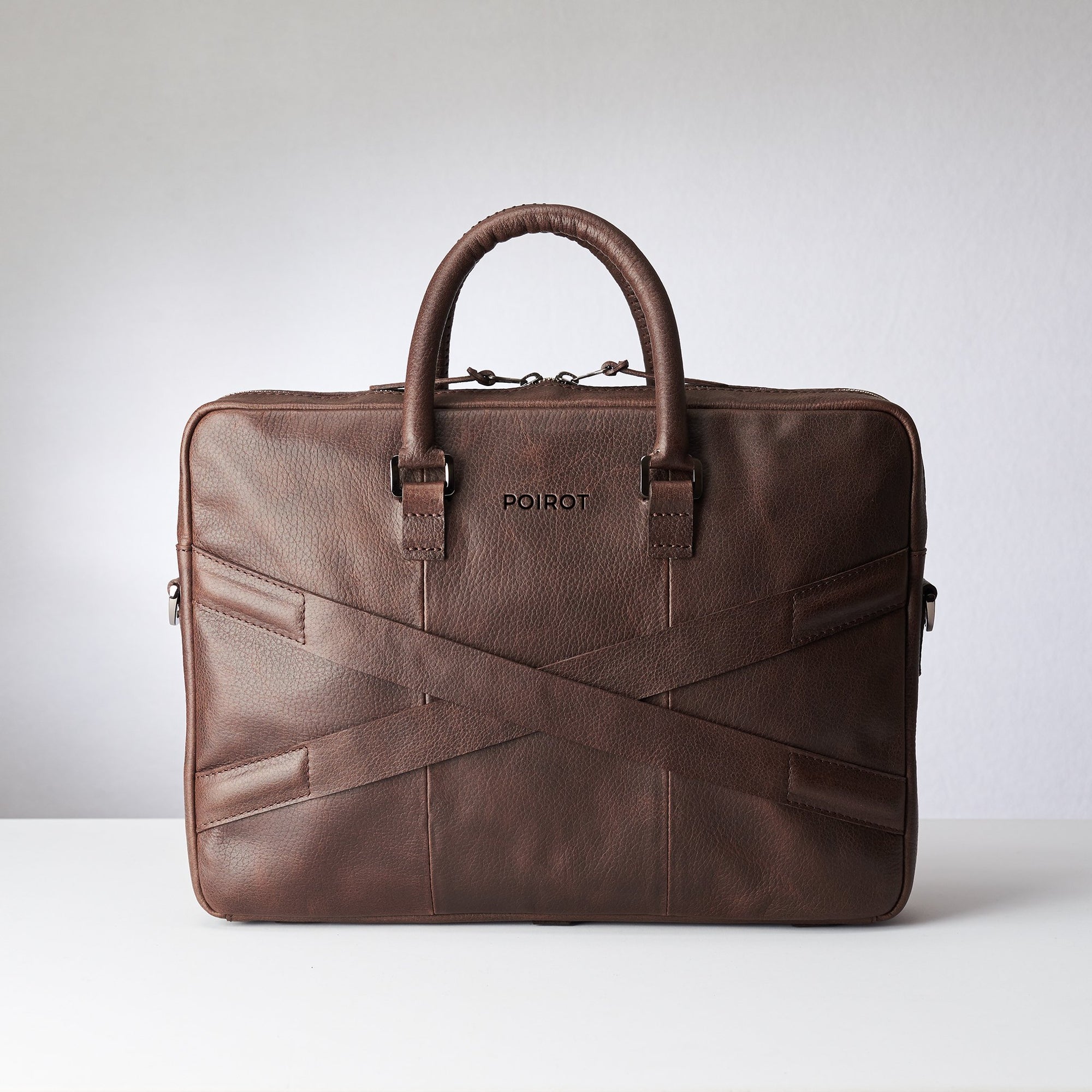 Back and luggage strap for slim portfolio .Dark Brown leather briefcase laptop bag for men. Gazeli laptop briefcase by Capra Leather.
