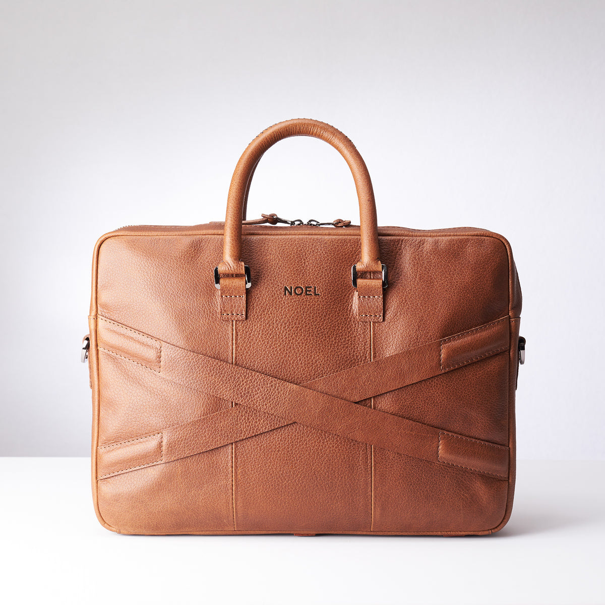 Back and luggage strap for slim portfolio .Tan leather briefcase laptop bag for men. Gazeli laptop briefcase by Capra Leather.