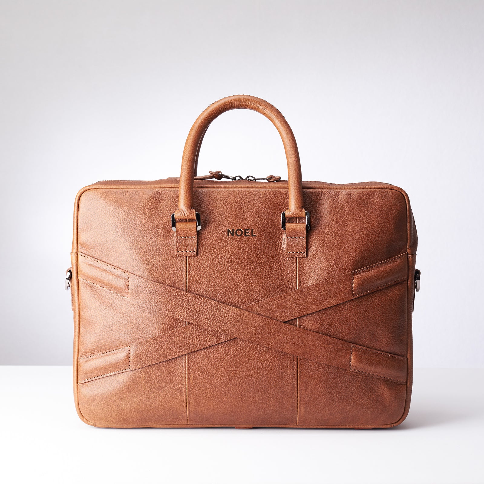 Back and luggage strap for slim portfolio .Tan leather briefcase laptop bag for men. Gazeli laptop briefcase by Capra Leather.