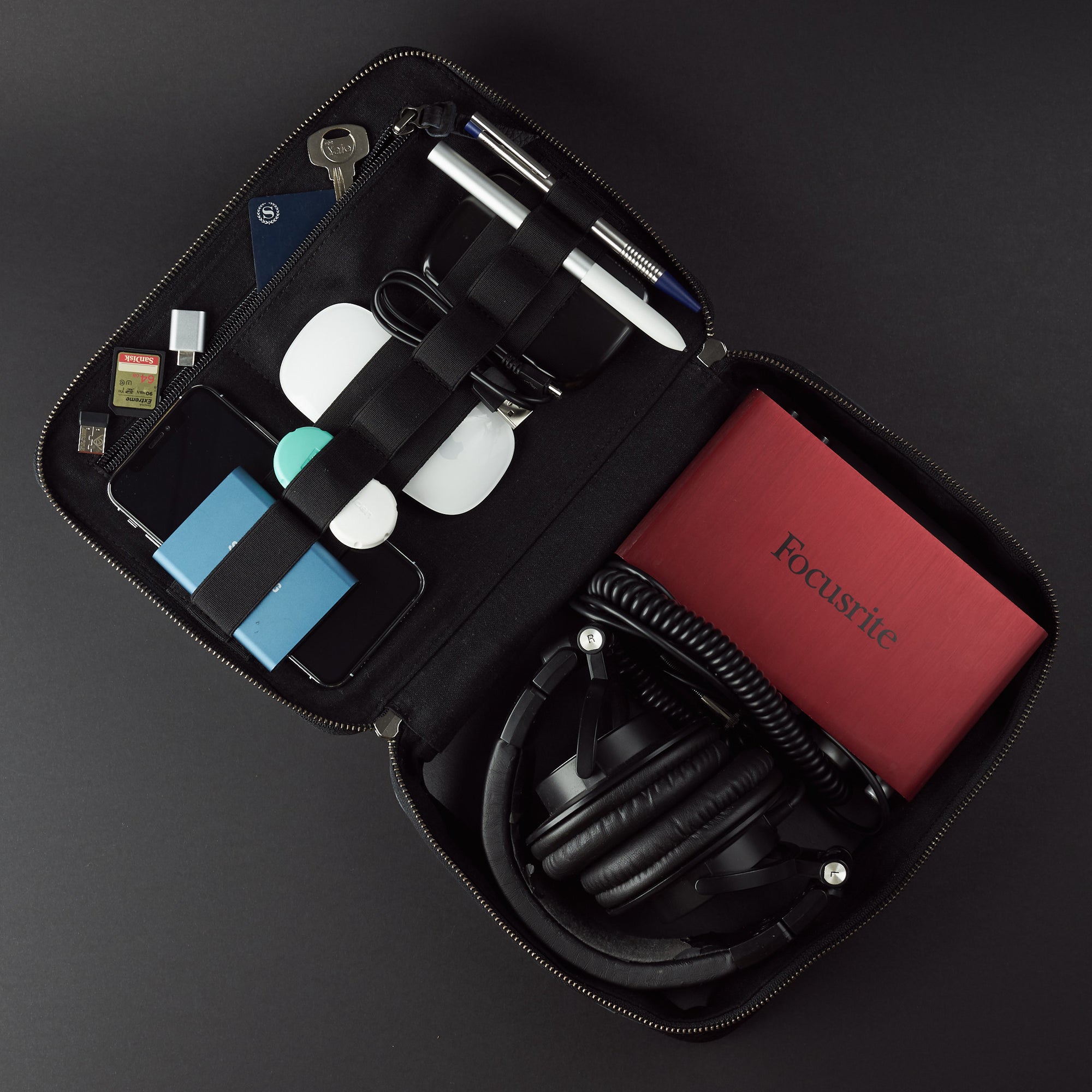 Organization elastic slots. Black small tech bag by Capra Leather