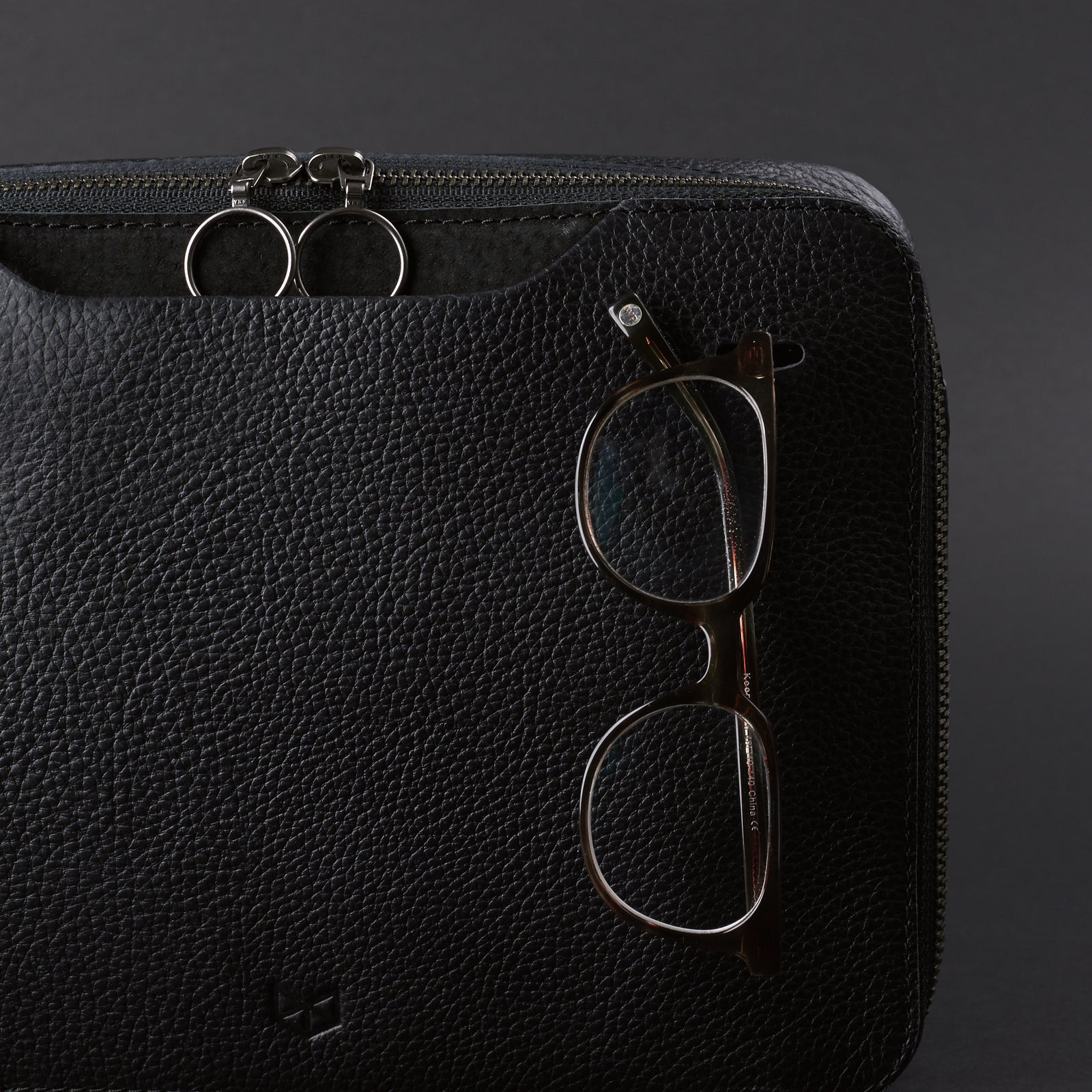 Quick retrieve glasses or pencils pocket. Black tech organizer for travel by Capra Leather
