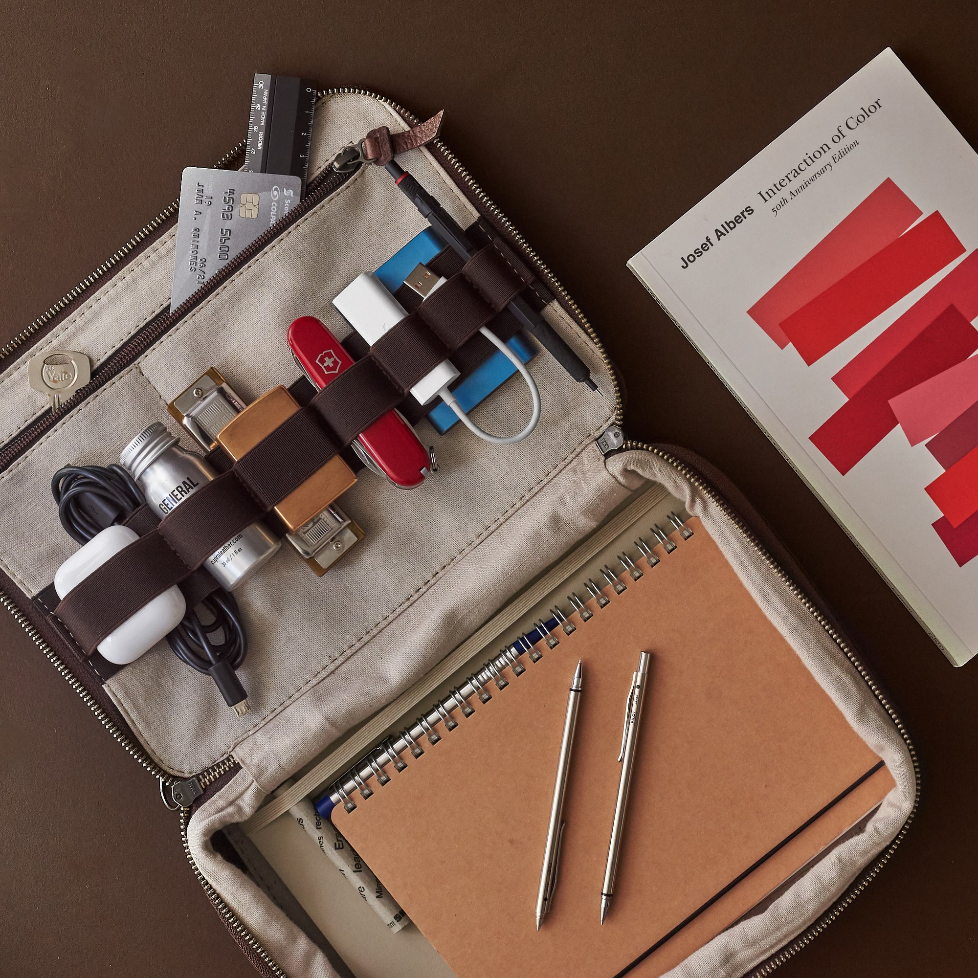Stylish organization slots. Brown EDC bag essentials by Capra Leather