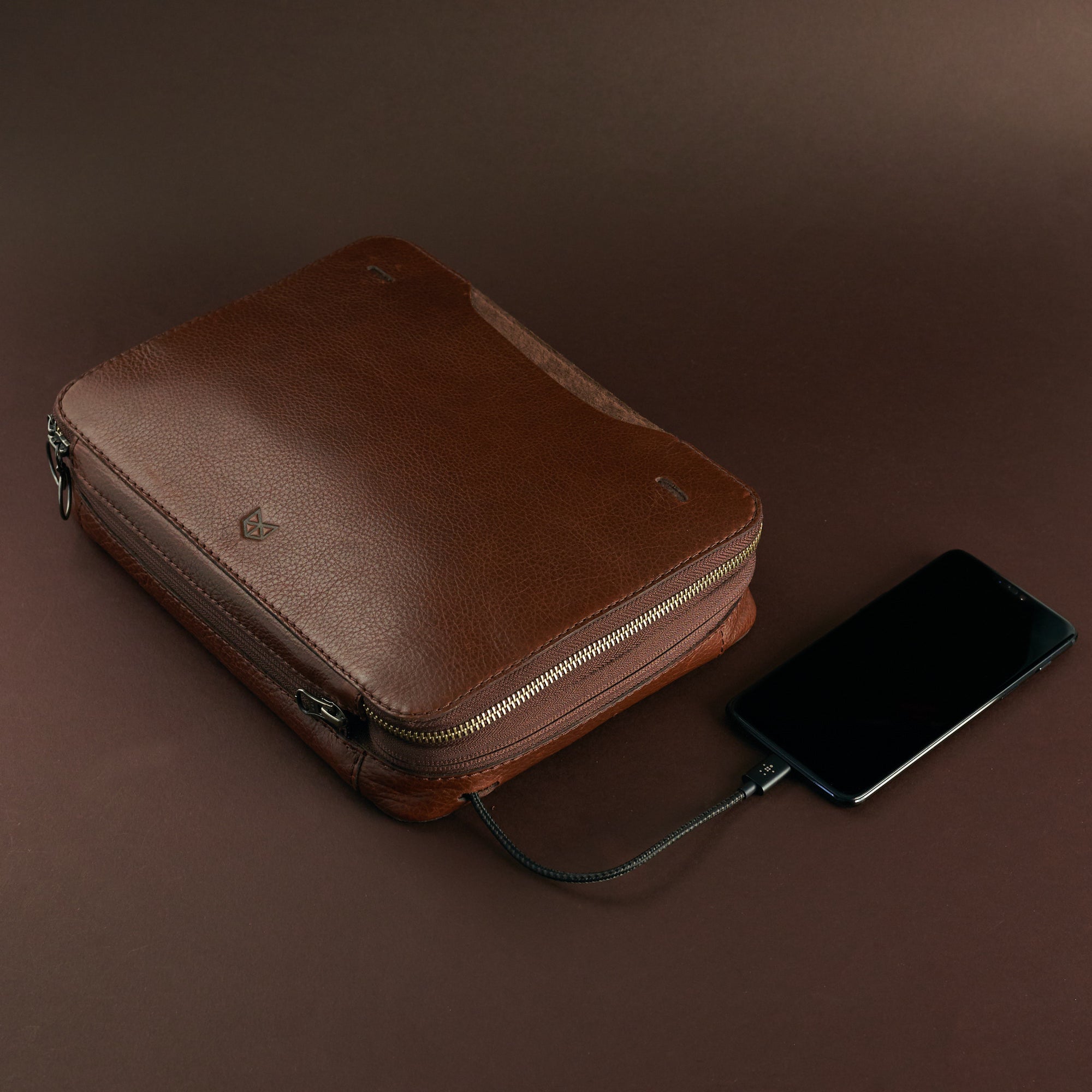 Cable passthrough. Brown small gear bag by Capra Leather