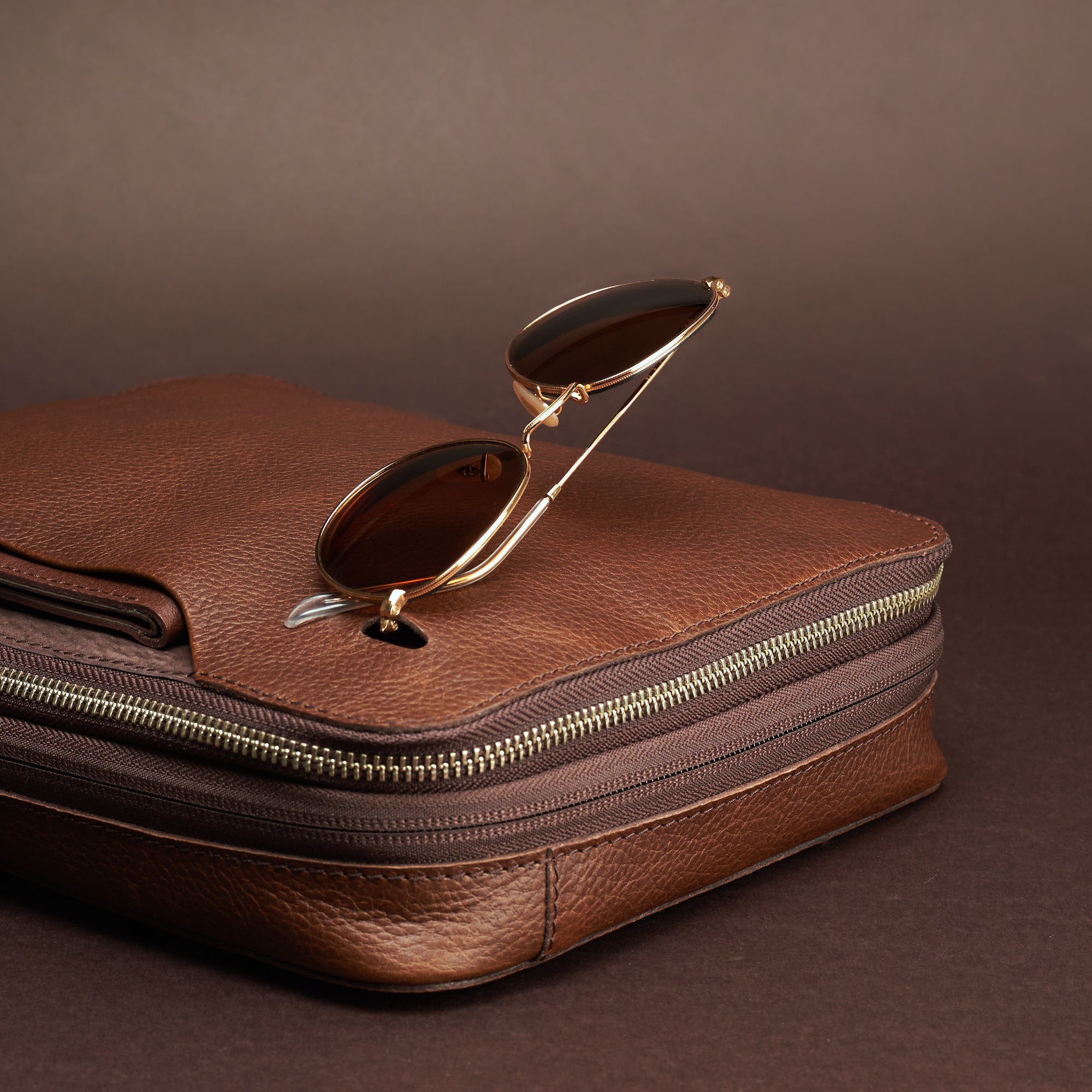 Quick Retrieve Holder. Brown tech organizer for travel by Capra Leather