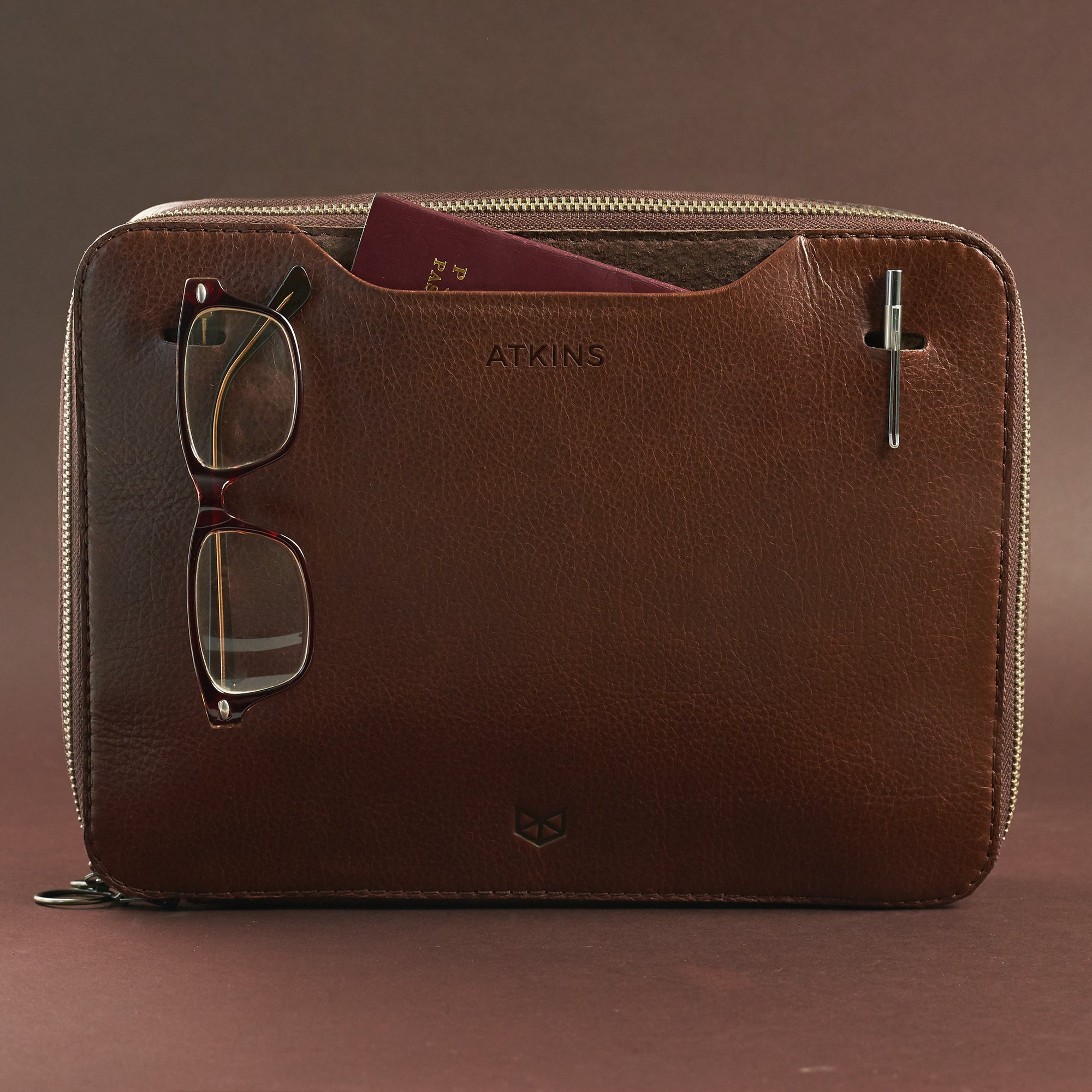 Custom Engraving. Brown tech accessory organizer by Capra Leather