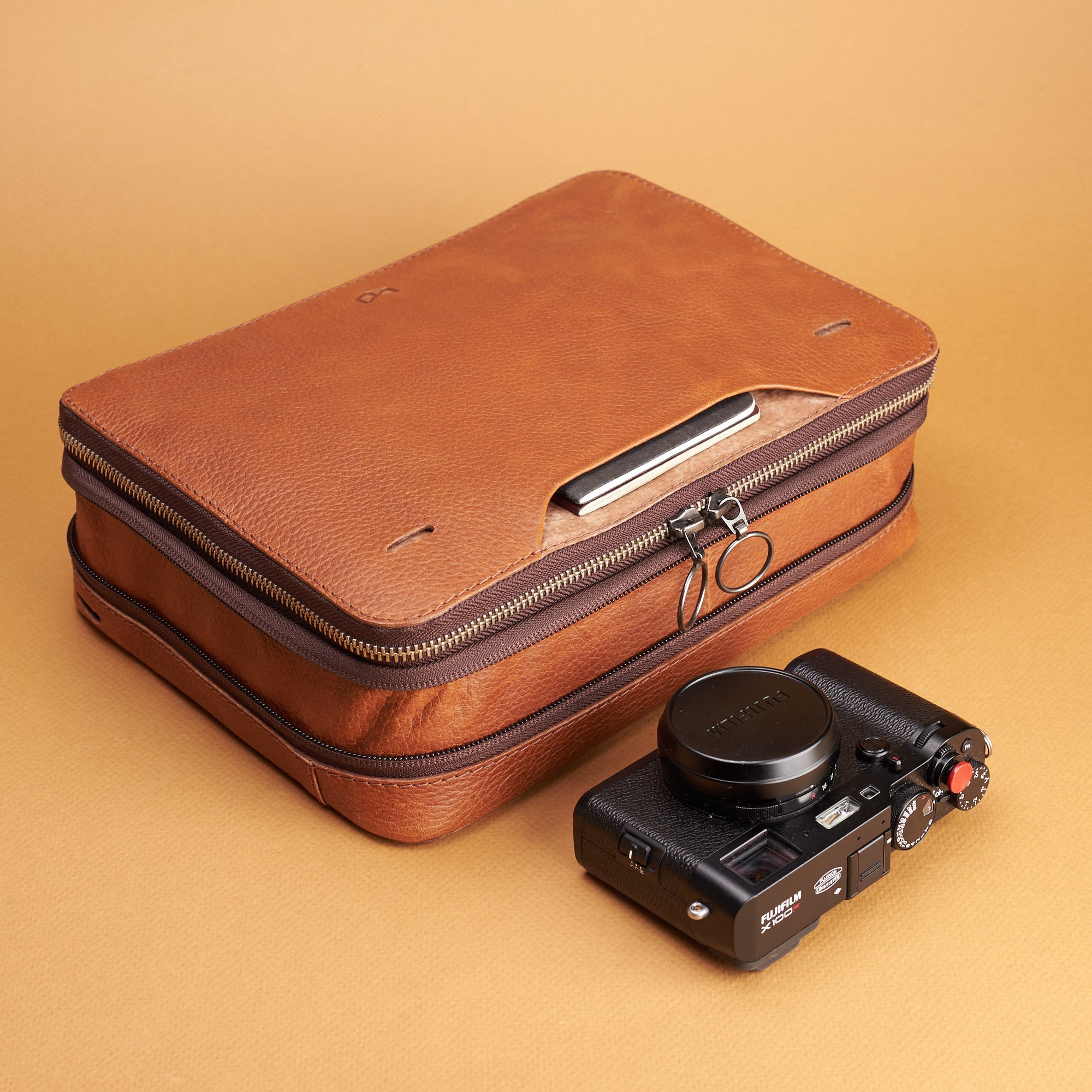 Tech pouch. Best tech travel bag tan by Capra Leather